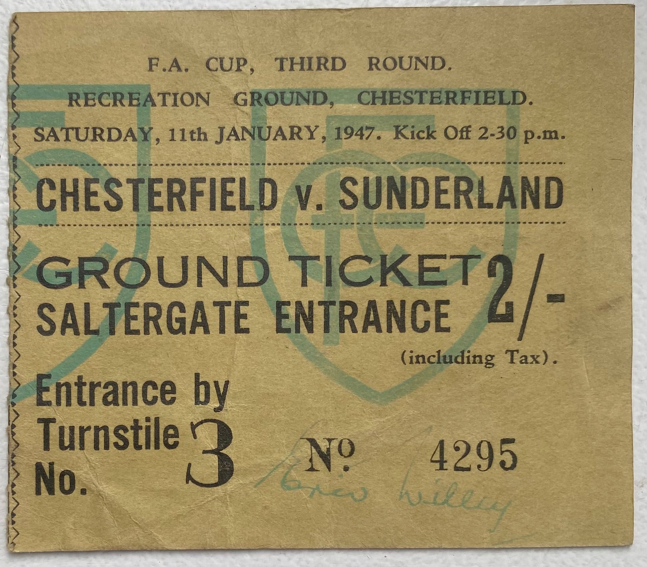 1946/47 ORIGINAL FA CUP 3RD ROUND TICKET CHESTERFIELD V SUNDERLAND