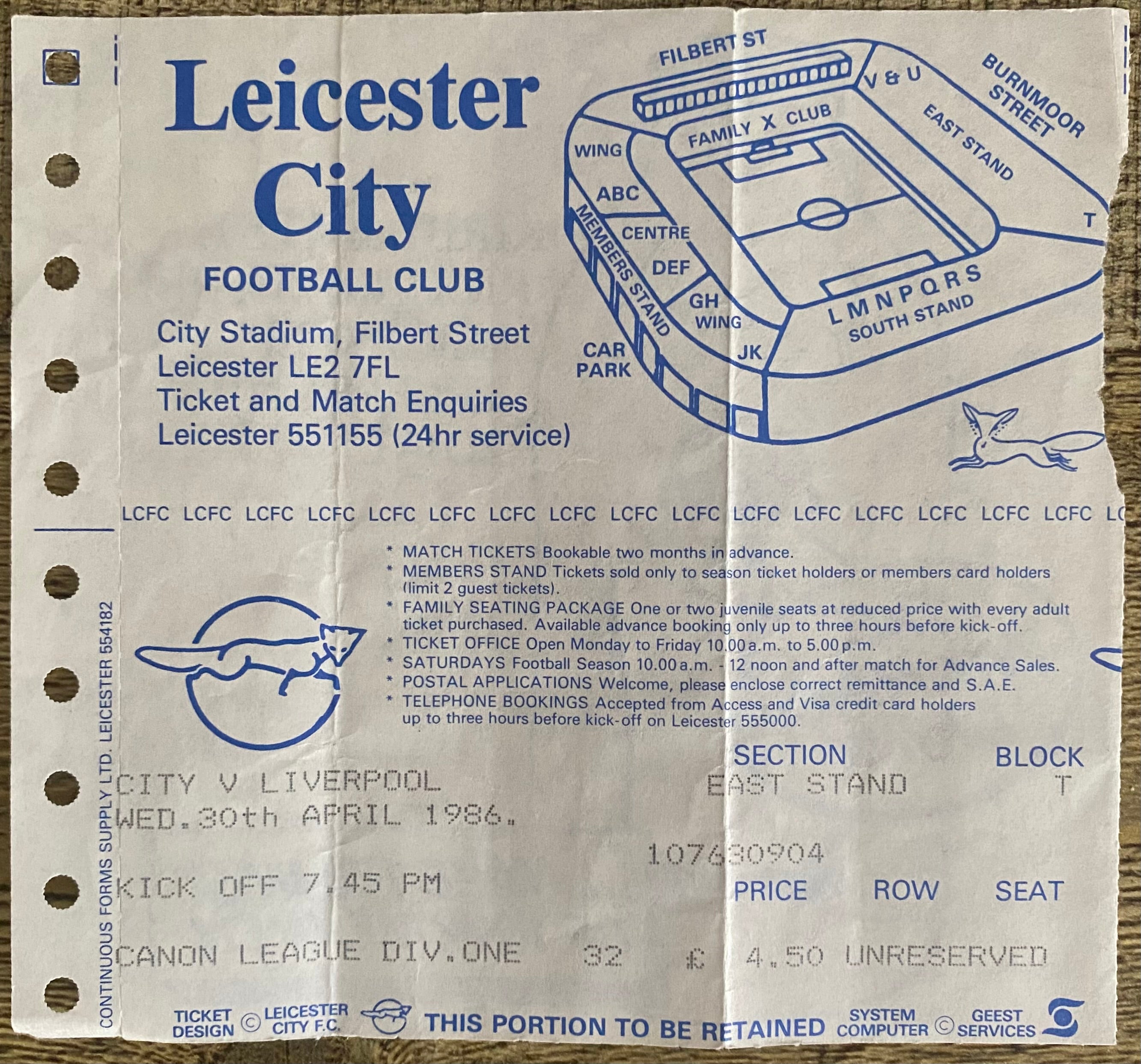 1985/86 ORIGINAL DIVISION ONE TICKET LEICESTER CITY V LIVERPOOL