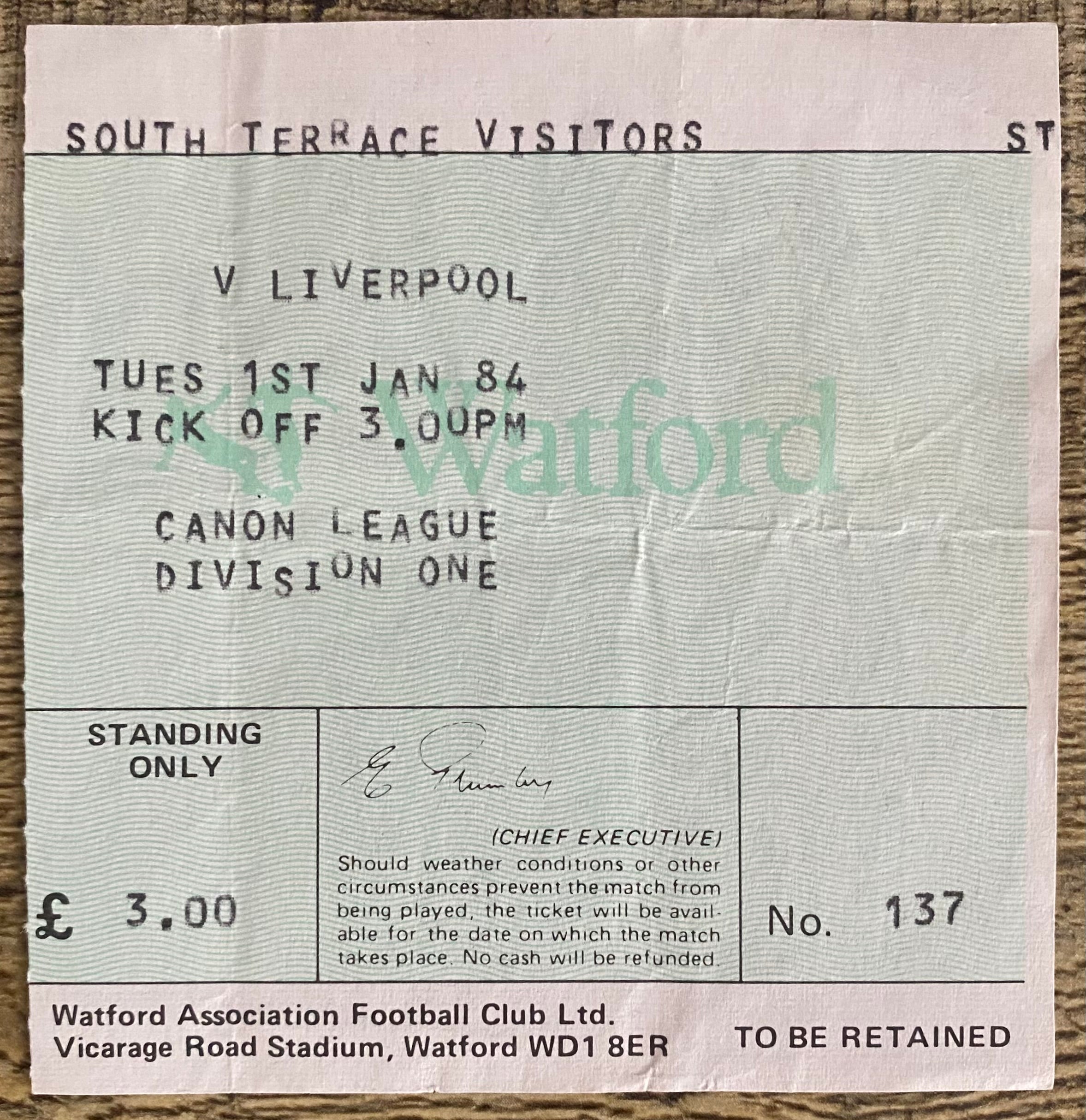 1983/84 ORIGINAL DIVISION ONE TICKET WATFORD V LIVERPOOL