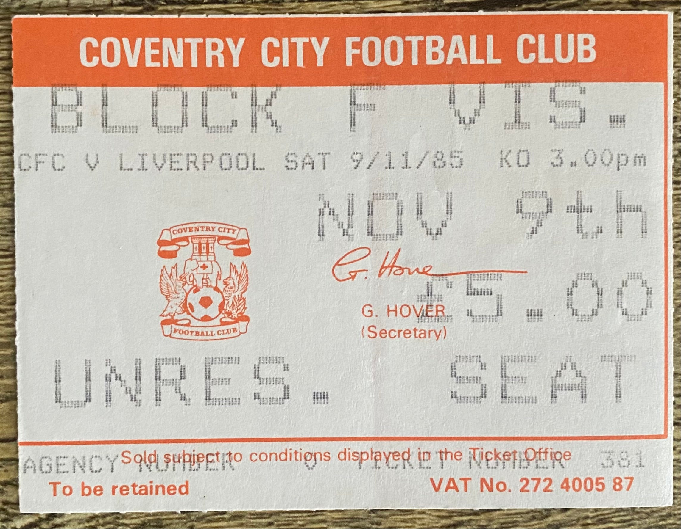 1985/86 ORIGINAL DIVISION ONE TICKET COVENTRY CITY V LIVERPOOL