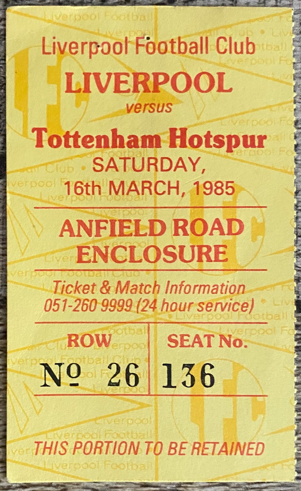 1984/85 ORIGINAL DIVISION ONE TICKET LIVERPOOL V TOTTENHAM HOTSPUR