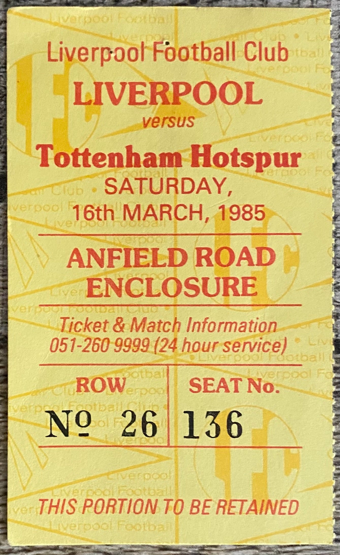 1984/85 ORIGINAL DIVISION ONE TICKET LIVERPOOL V TOTTENHAM HOTSPUR