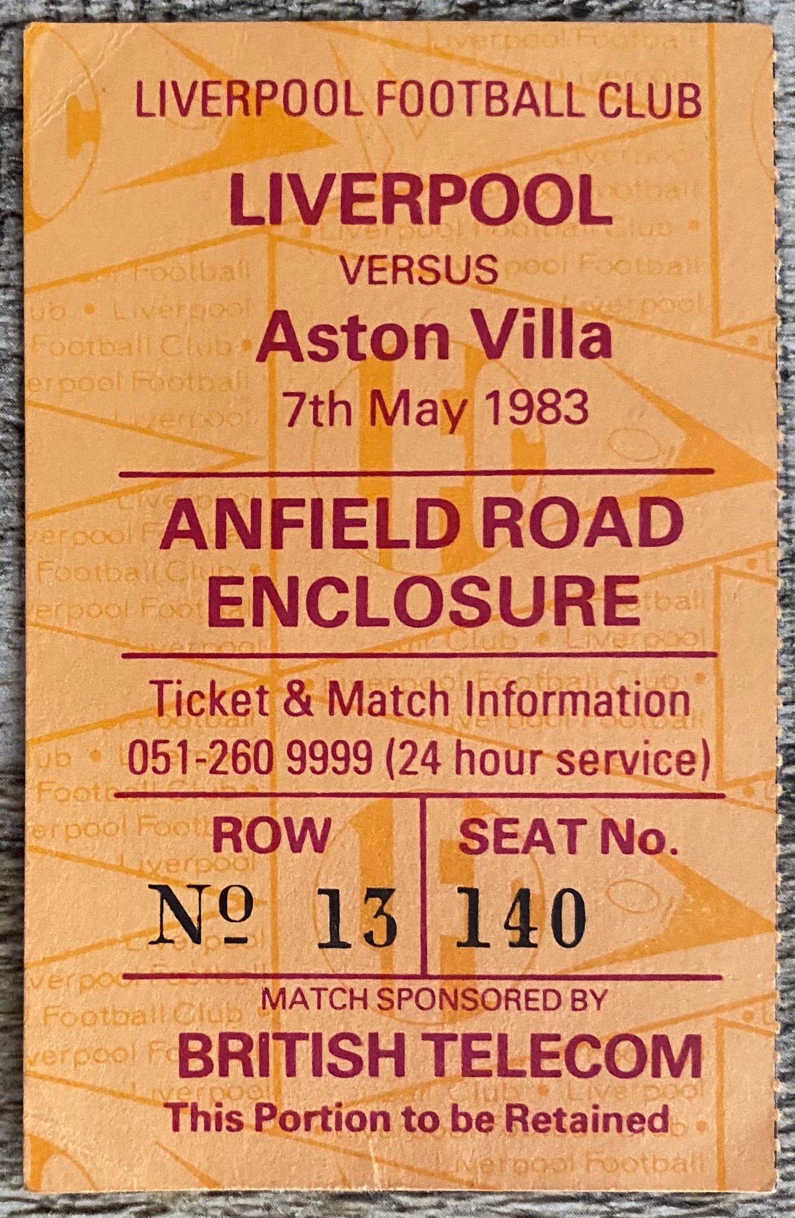 1982/83 ORIGINAL DIVISION ONE TICKET LIVERPOOL V ASTON VILLA