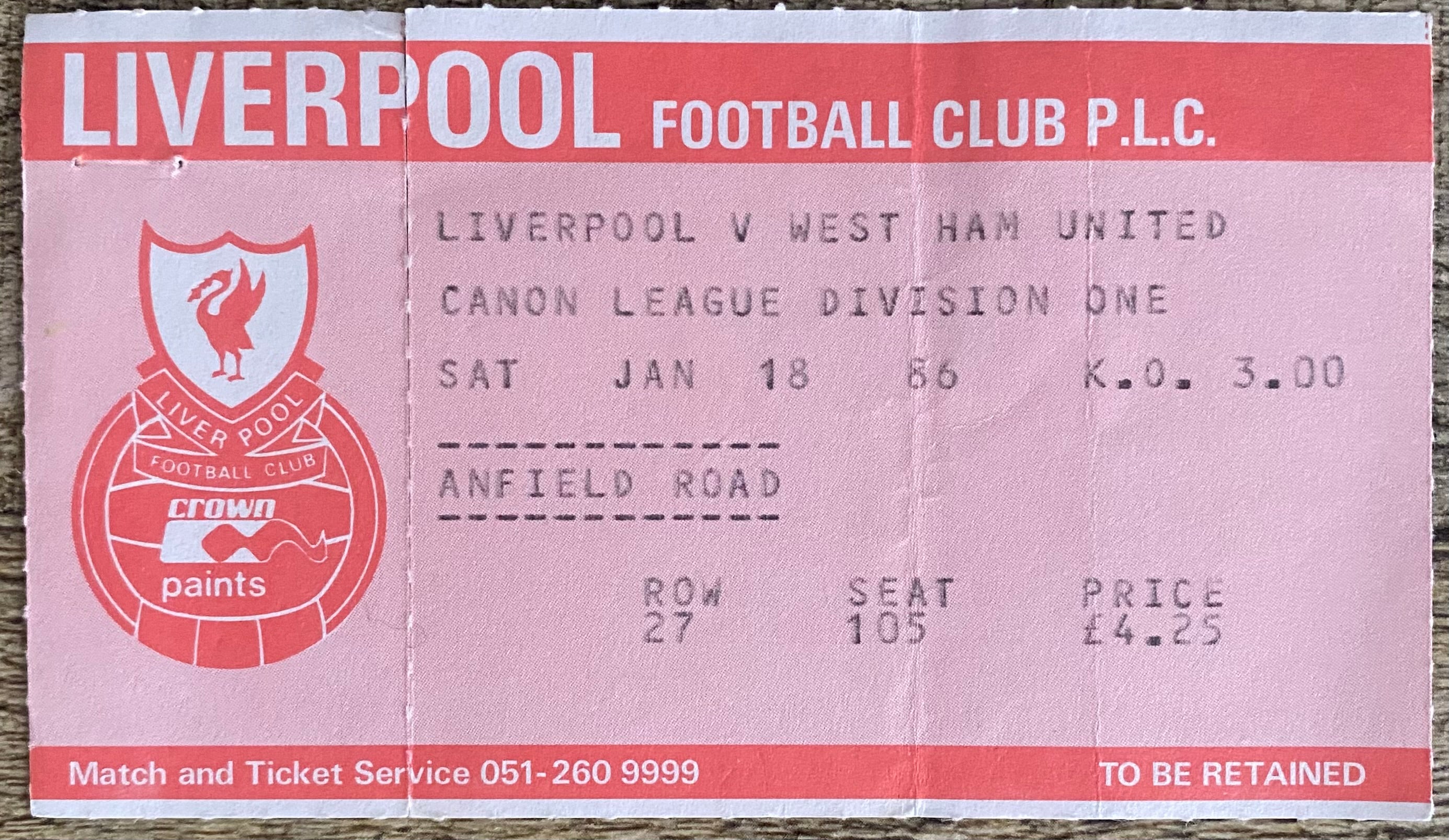1985/86 ORIGINAL DIVISION ONE TICKET LIVERPOOL V WEST HAM UNITED