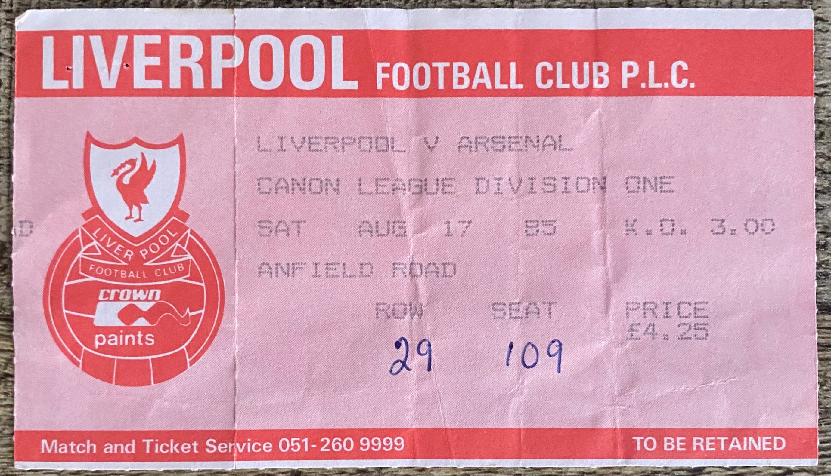 1985/86 ORIGINAL DIVISION ONE TICKET LIVERPOOL V ARSENAL