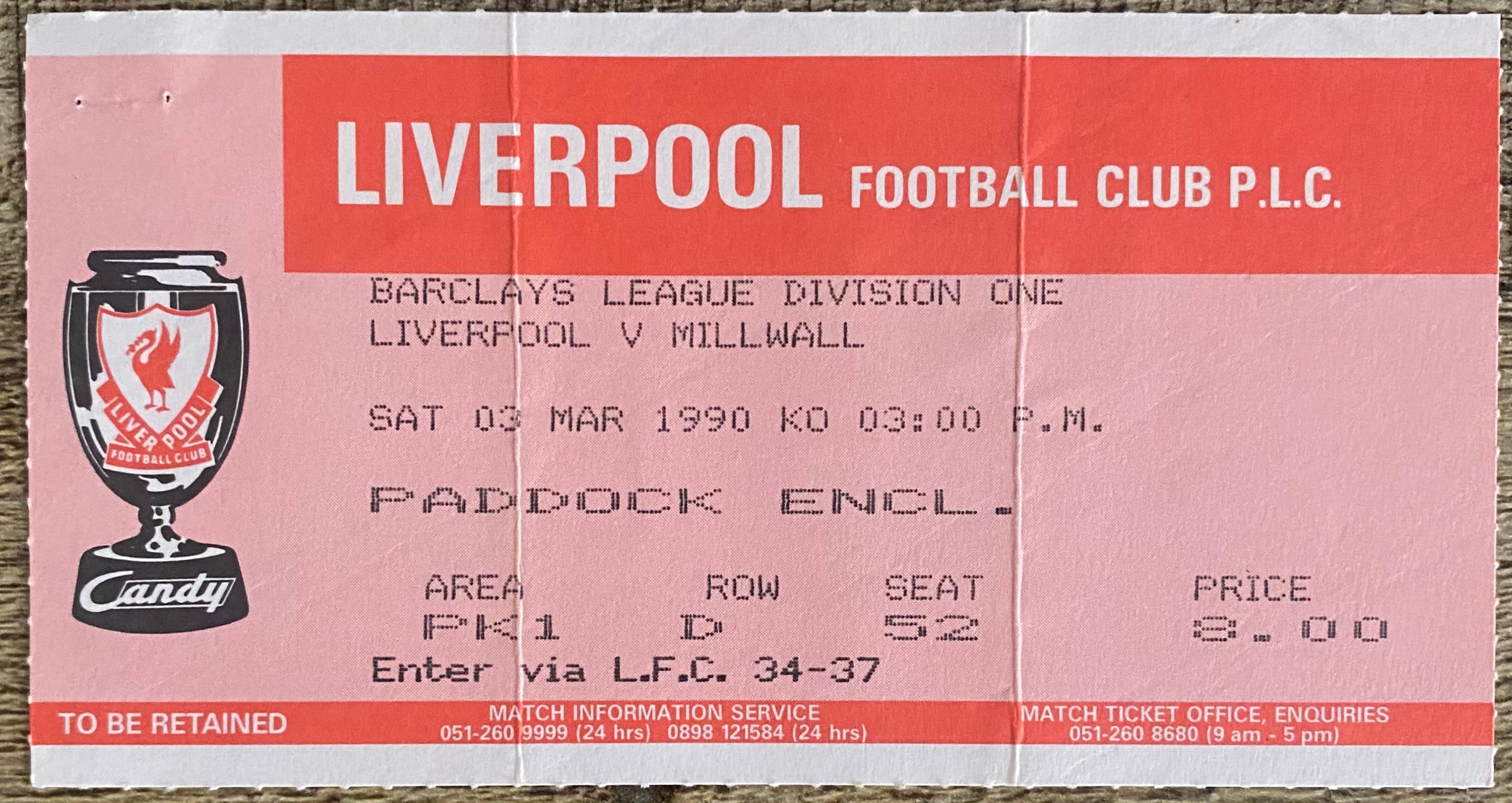 1989/90 ORIGINAL DIVISION ONE TICKET LIVERPOOL V MILLWALL