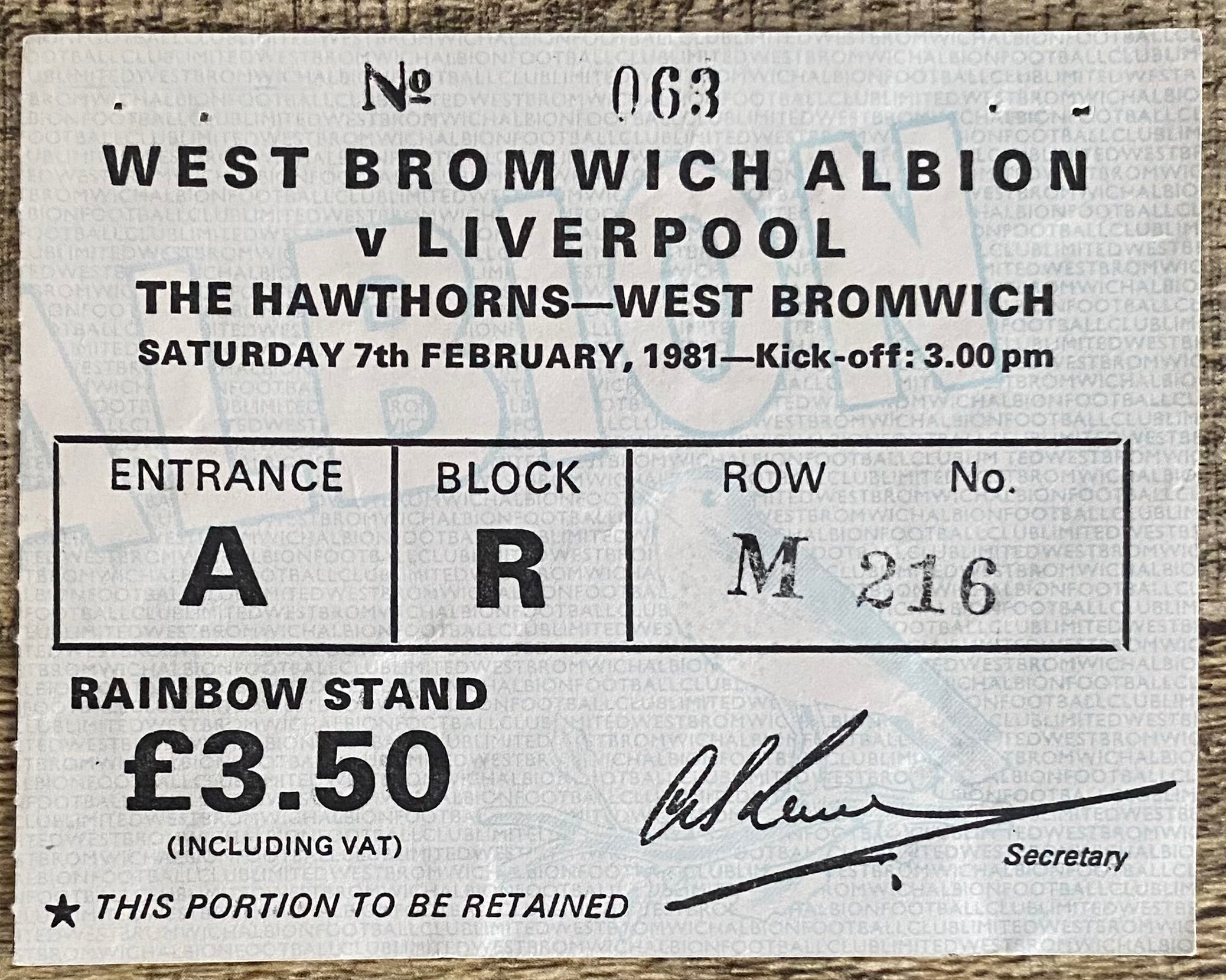 1980/81 ORIGINAL DIVISION ONE TICKET WEST BROMWICH ALBION V LIVERPOOL