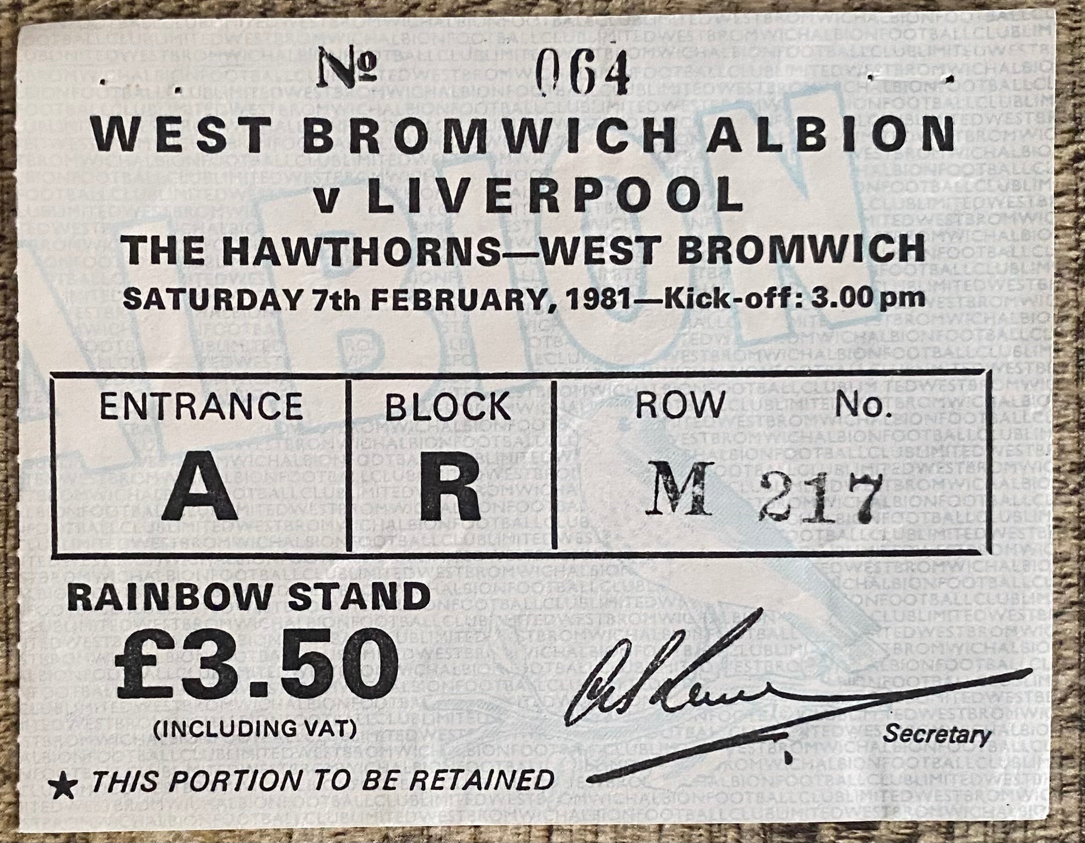 1980/81 ORIGINAL DIVISION ONE TICKET WEST BROMWICH ALBION V LIVERPOOL