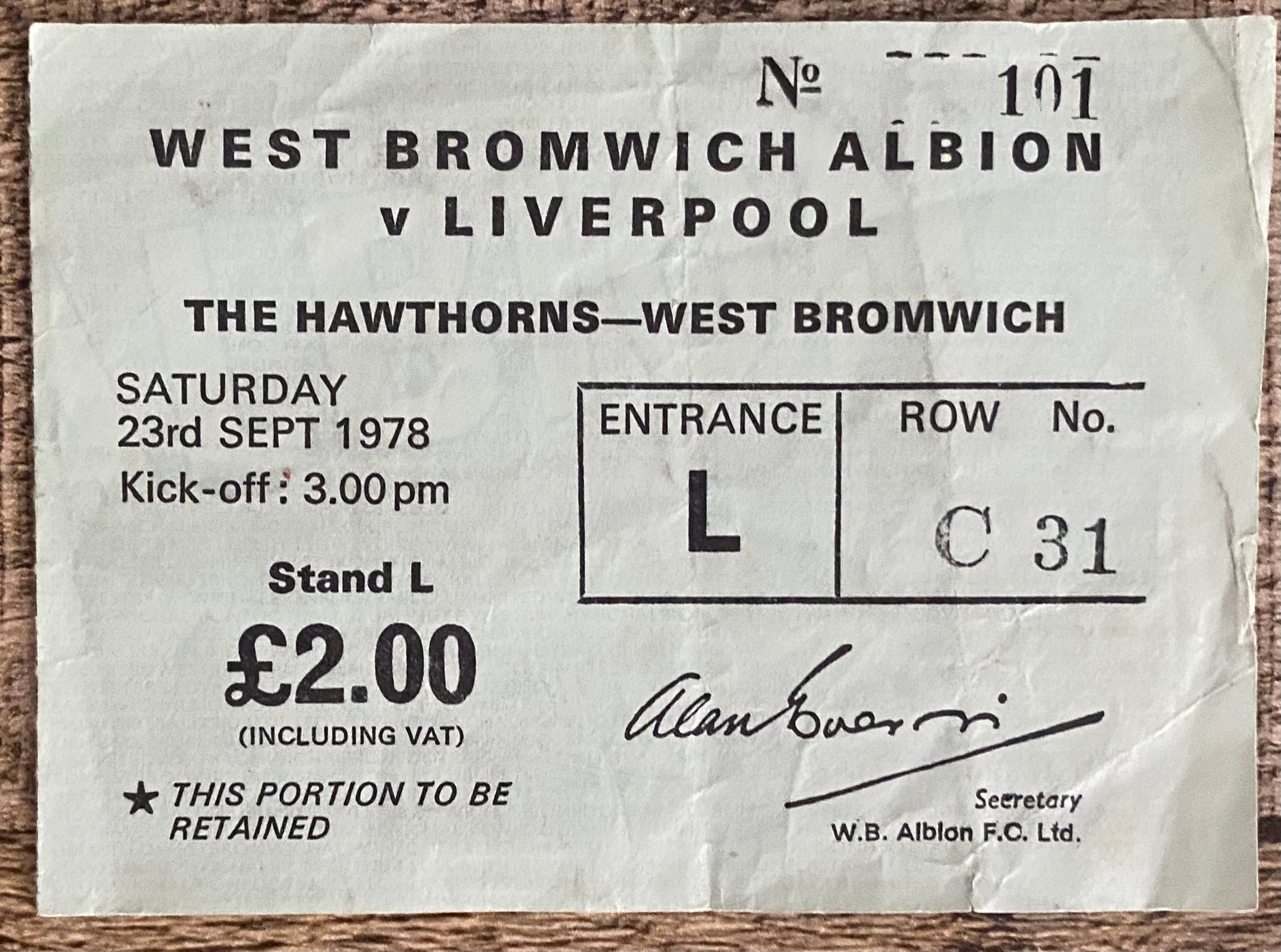 1978/79 ORIGINAL DIVISION ONE TICKET WEST BROMWICH ALBION V LIVERPOOL