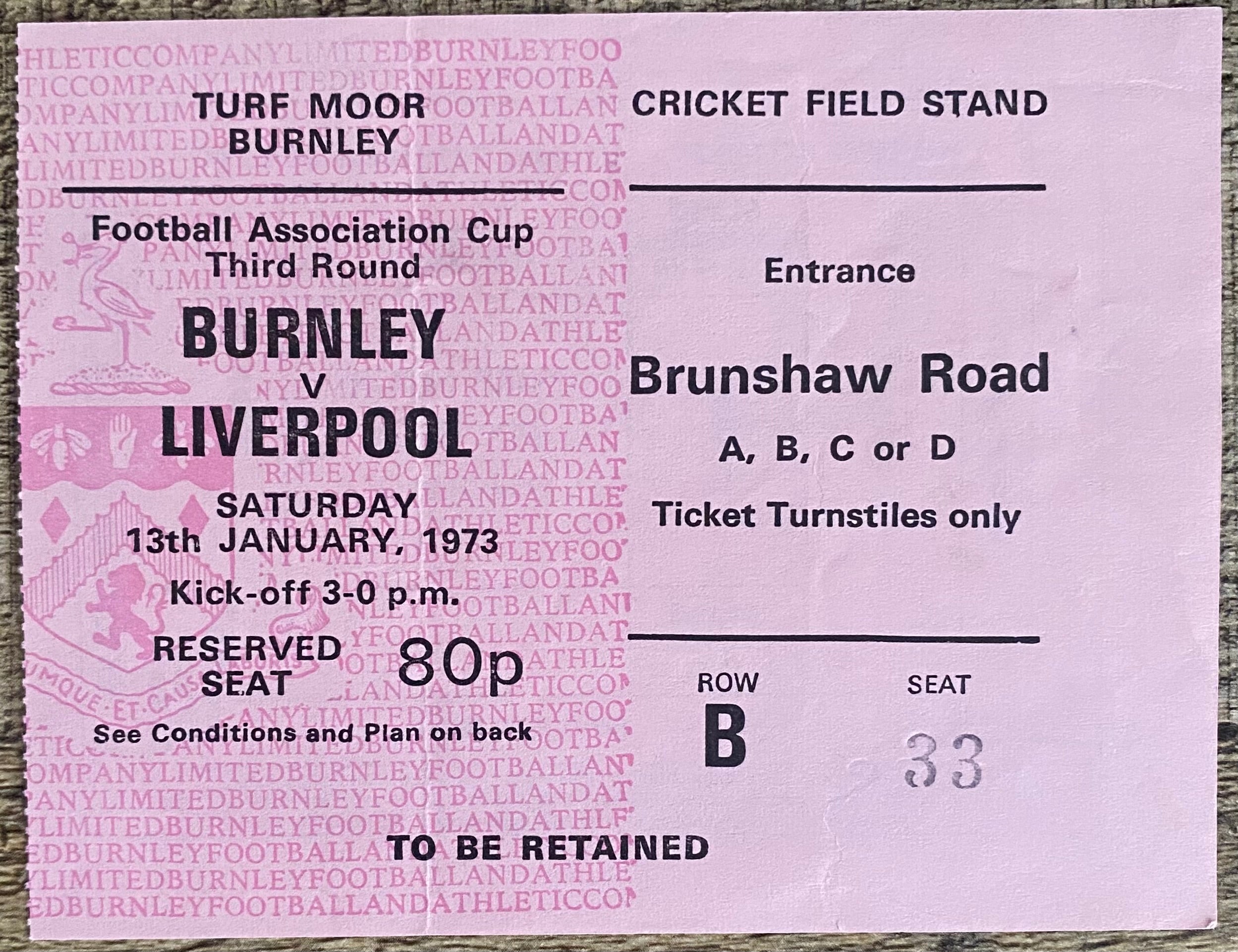1972/73 ORIGINAL FA CUP 3RD ROUND TICKET BURNLEY V LIVERPOOL