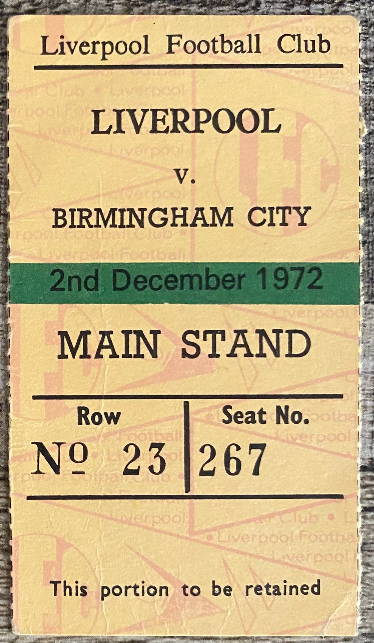 1972/73 ORIGINAL DIVISION ONE TICKET LIVERPOOL V BIRMINGHAM CITY