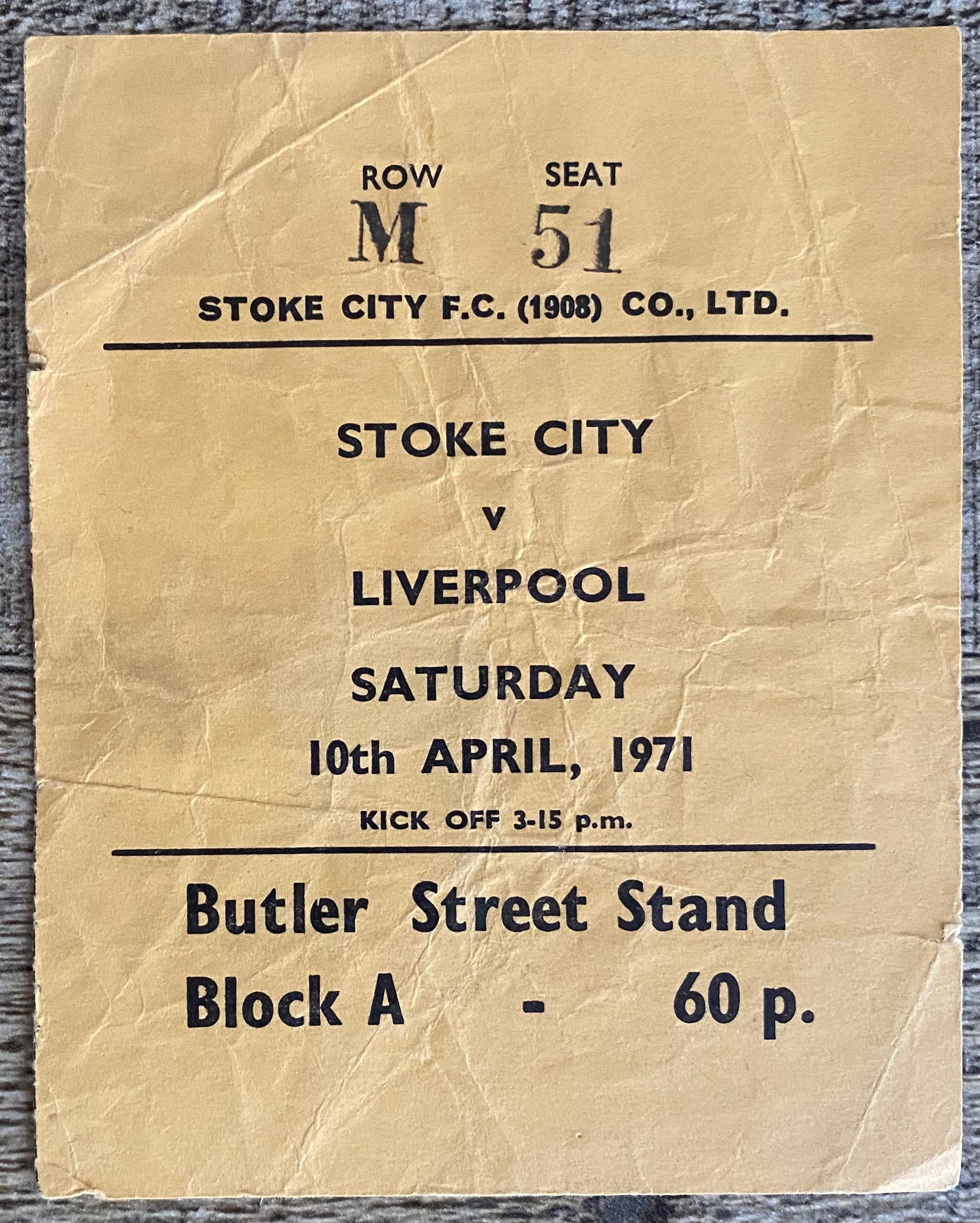 1970/71 ORIGINAL DIVISION ONE TICKET STOKE CITY V LIVERPOOL