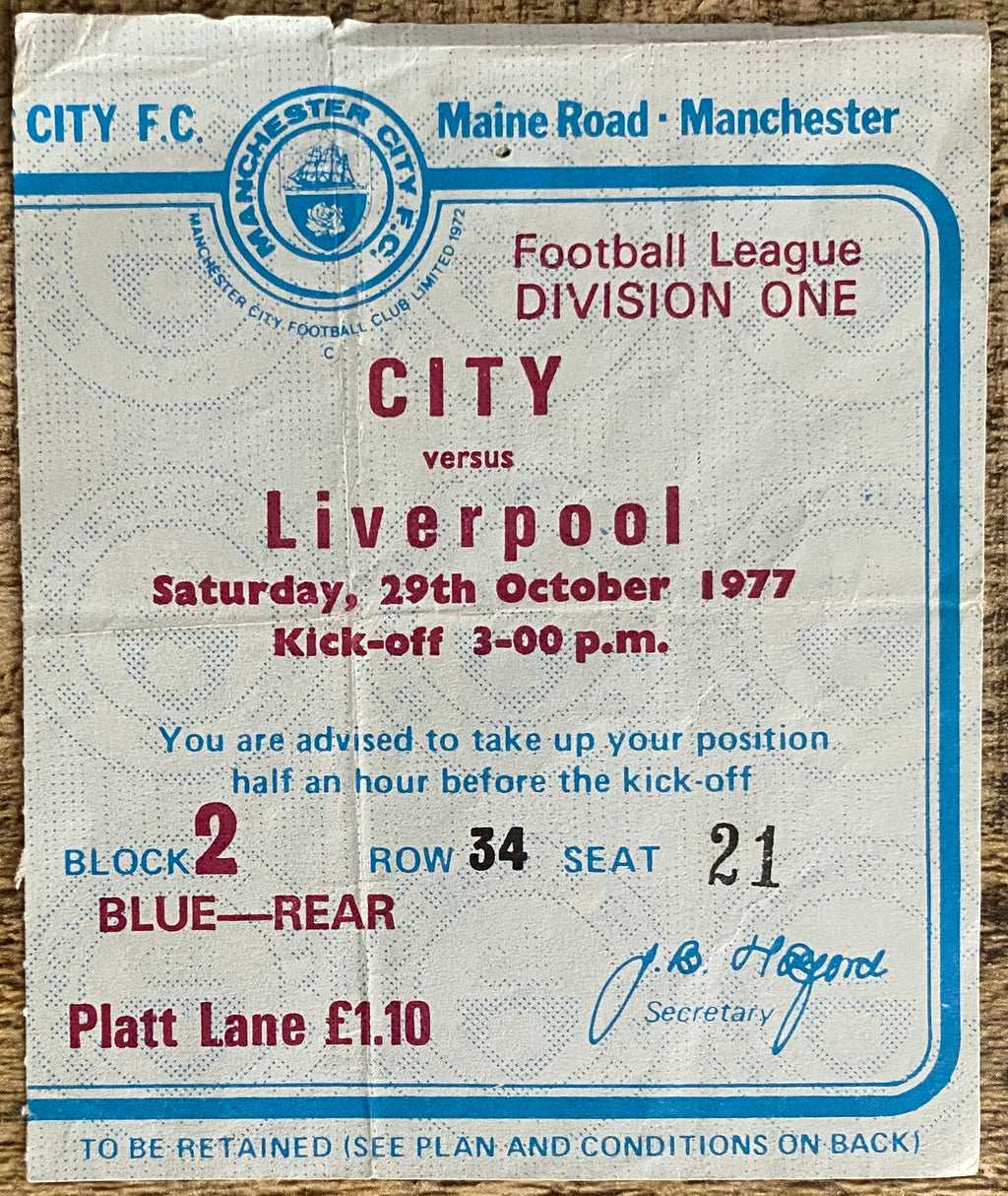 1977/78 ORIGINAL DIVISION ONE TICKET MANCHESTER CITY V LIVERPOOL