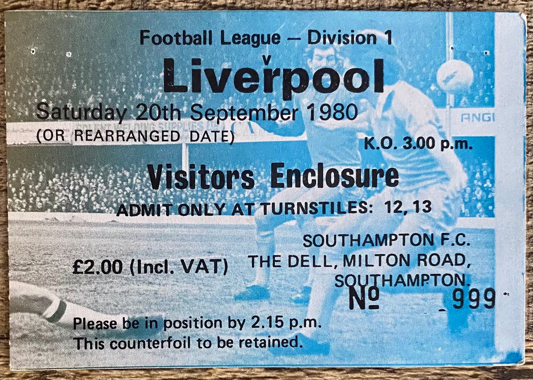 1980/81 ORIGINAL DIVISION ONE TICKET SOUTHAMPTON V LIVERPOOL