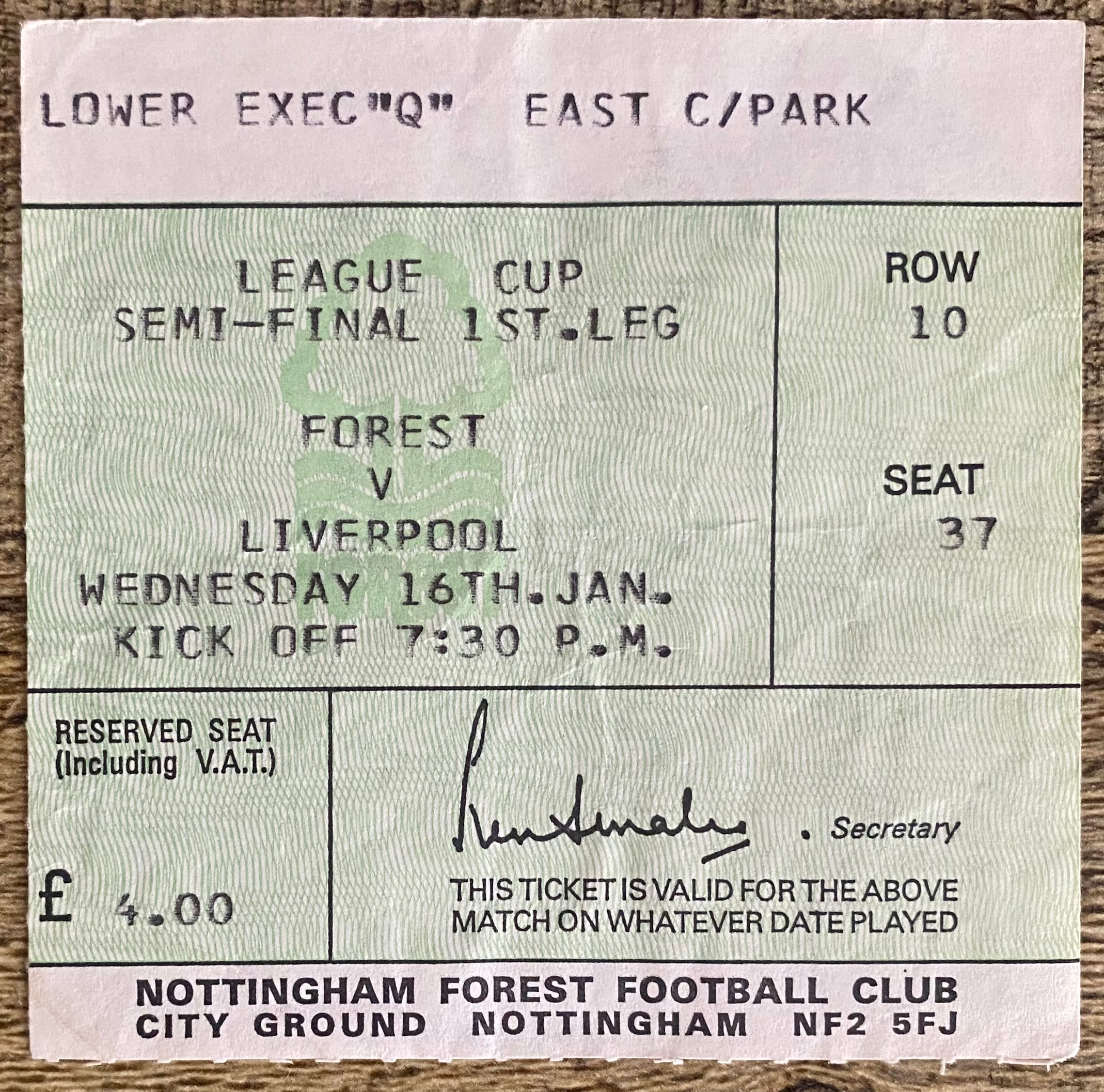 1979/80 ORIGINAL LEAGUE CUP SEMI FINAL 1ST LEG TICKET NOTTINGHAM FOREST  V LIVERPOOL
