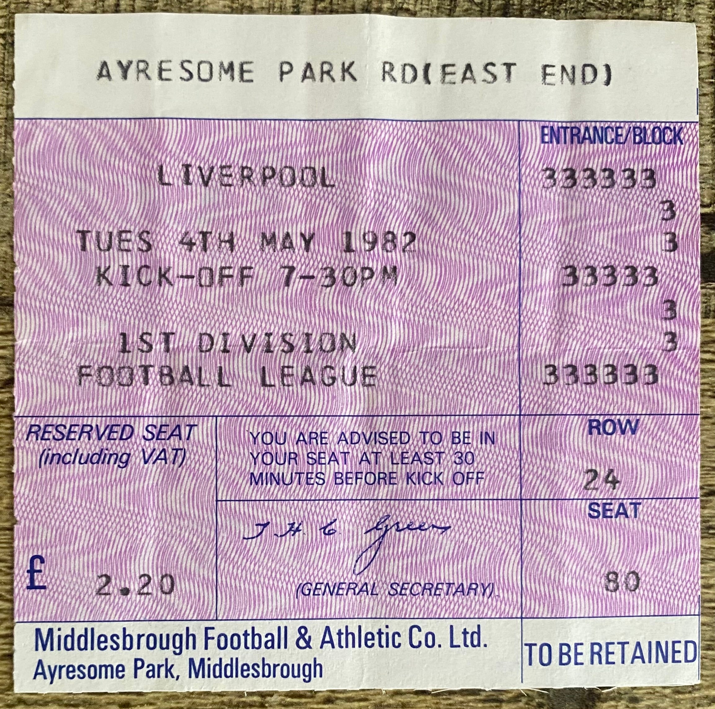 1981/82 ORIGINAL DIVISION ONE TICKET MIDDLESBROUGH V LIVERPOOL