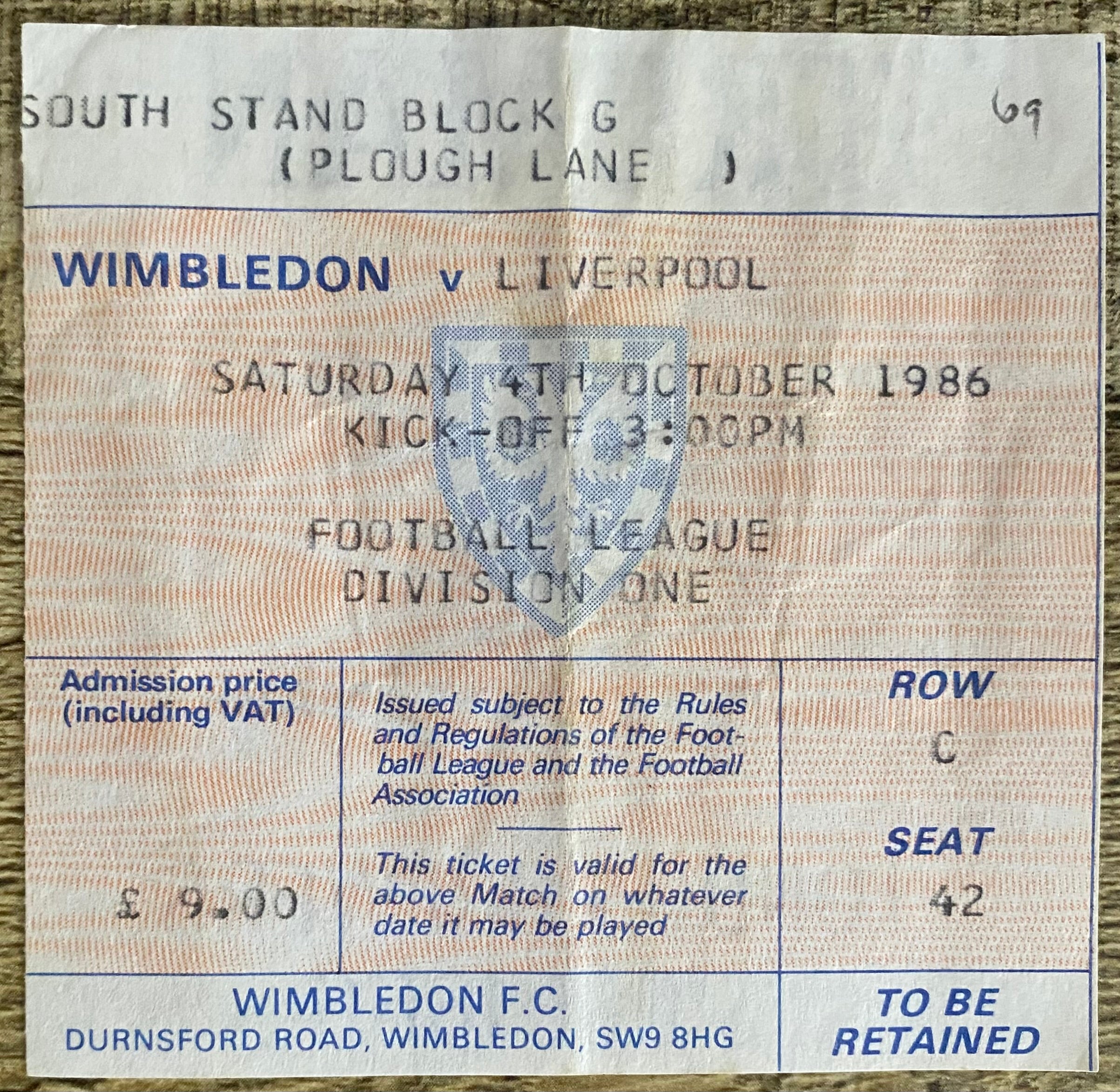 1986/87 ORIGINAL DIVISION ONE TICKET WIMBLEDON V LIVERPOOL