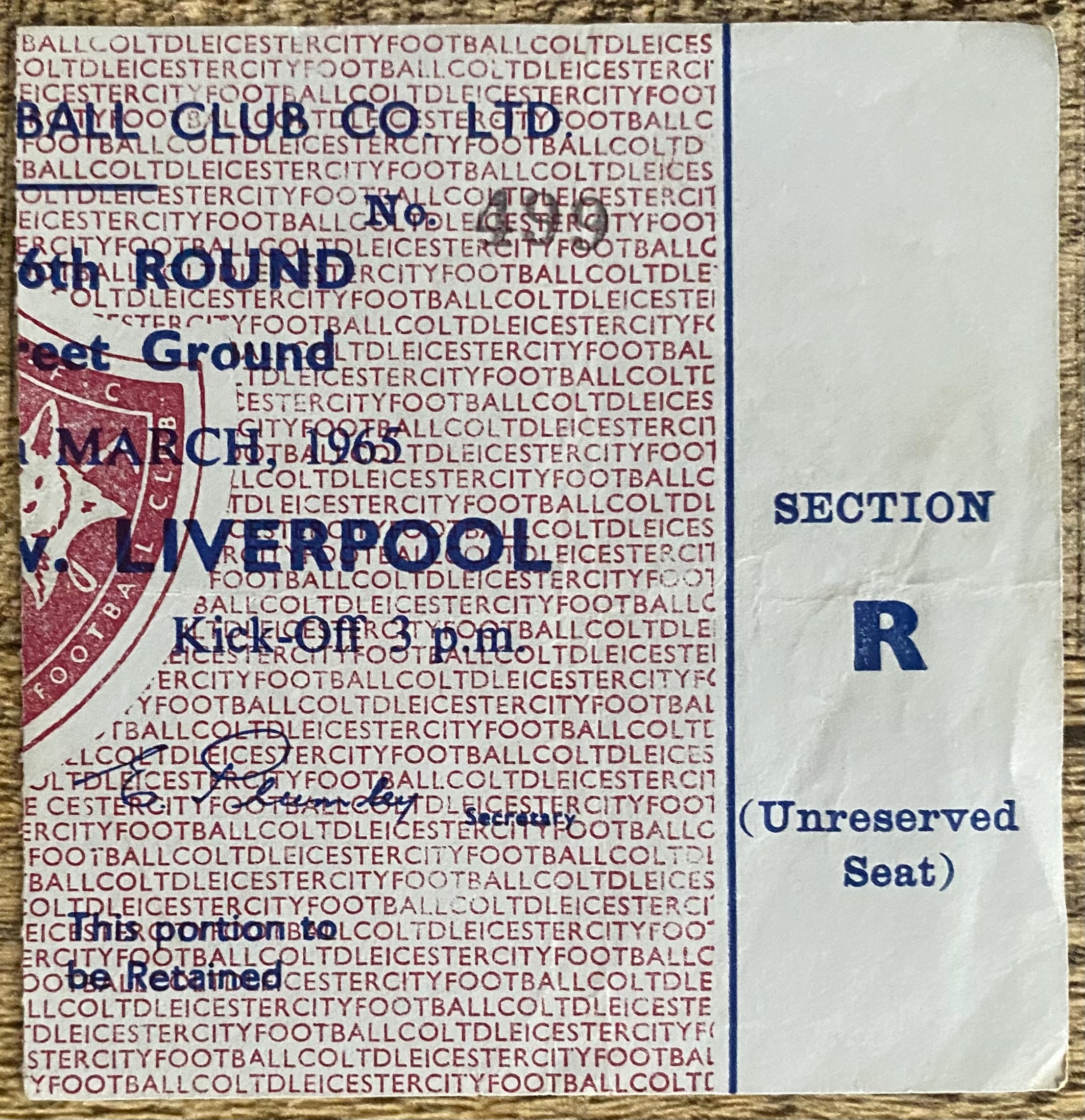 1964/65 ORIGINAL FA CUP 6TH ROUND TICKET LEICESTER CITY V LIVERPOOL