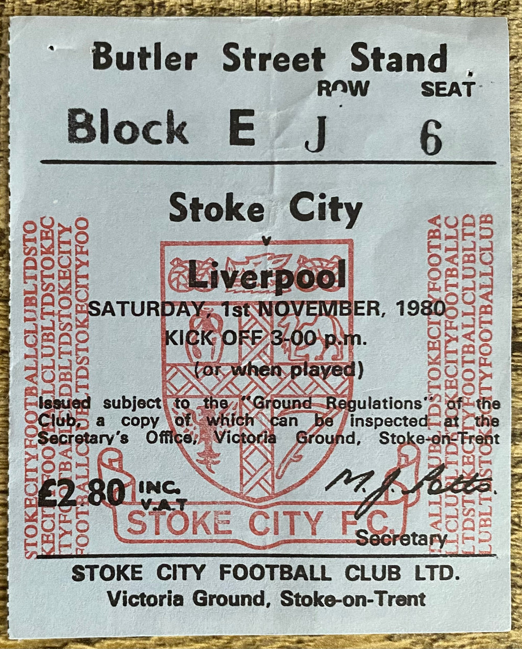 1980/81 ORIGINAL DIVISION ONE TICKET STOKE CITY V LIVERPOOL