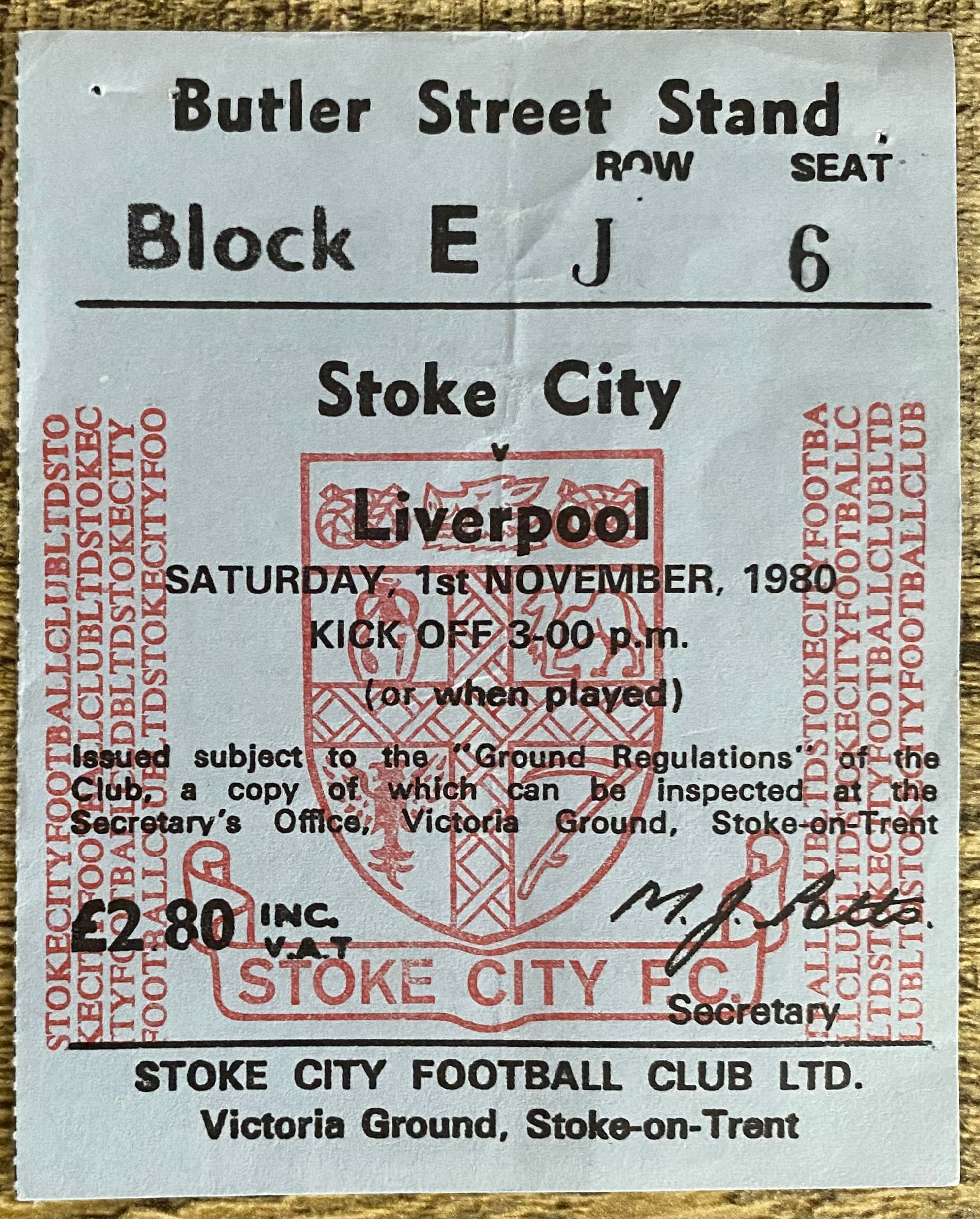 1980/81 ORIGINAL DIVISION ONE TICKET STOKE CITY V LIVERPOOL