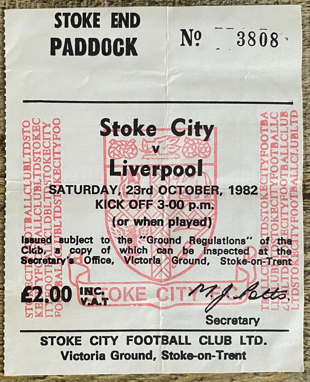 1982/83 ORIGINAL DIVISION ONE TICKET STOKE CITY V LIVERPOOL