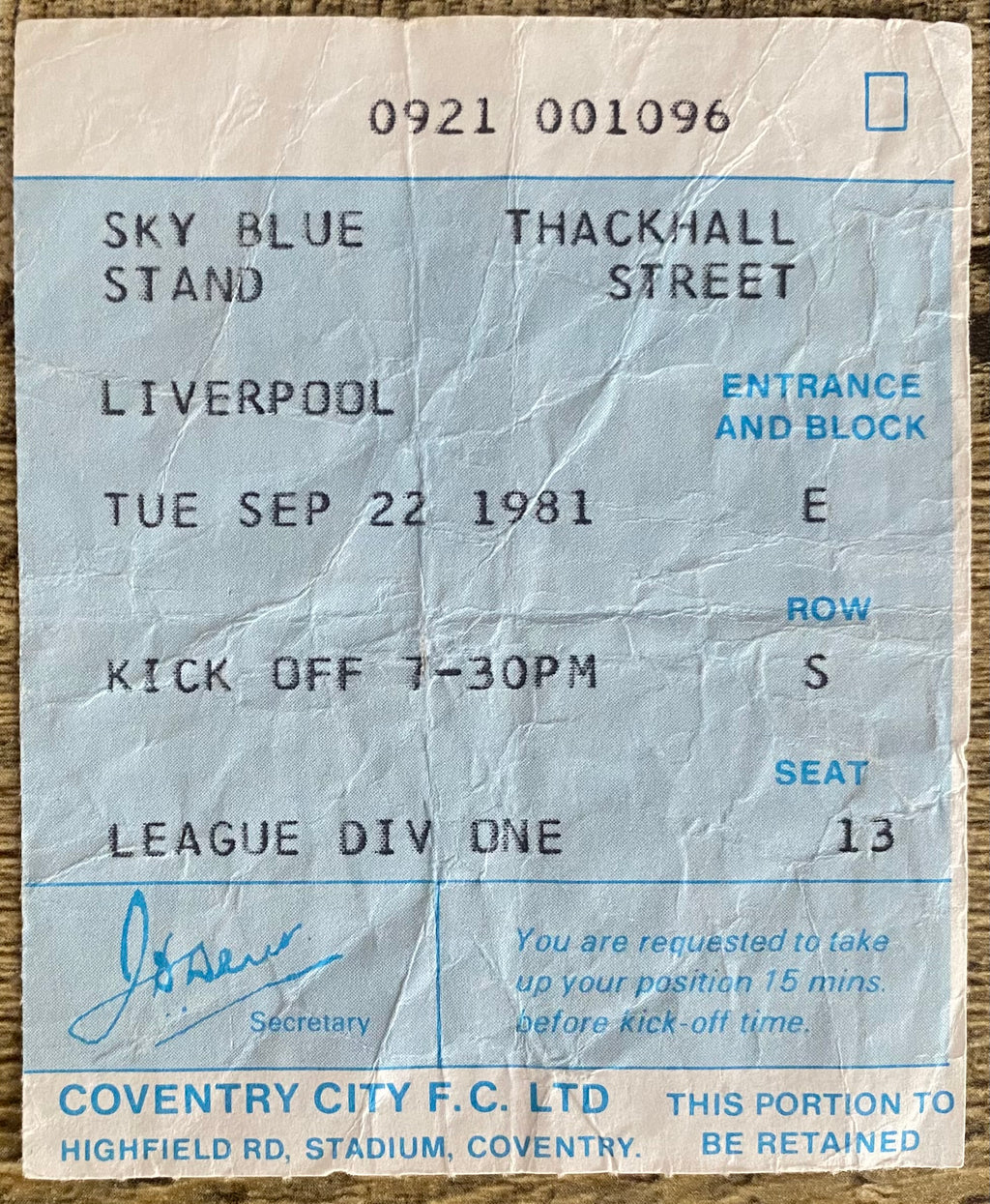 1981/82 ORIGINAL DIVISION ONE TICKET COVENTRY CITY V LIVERPOOL