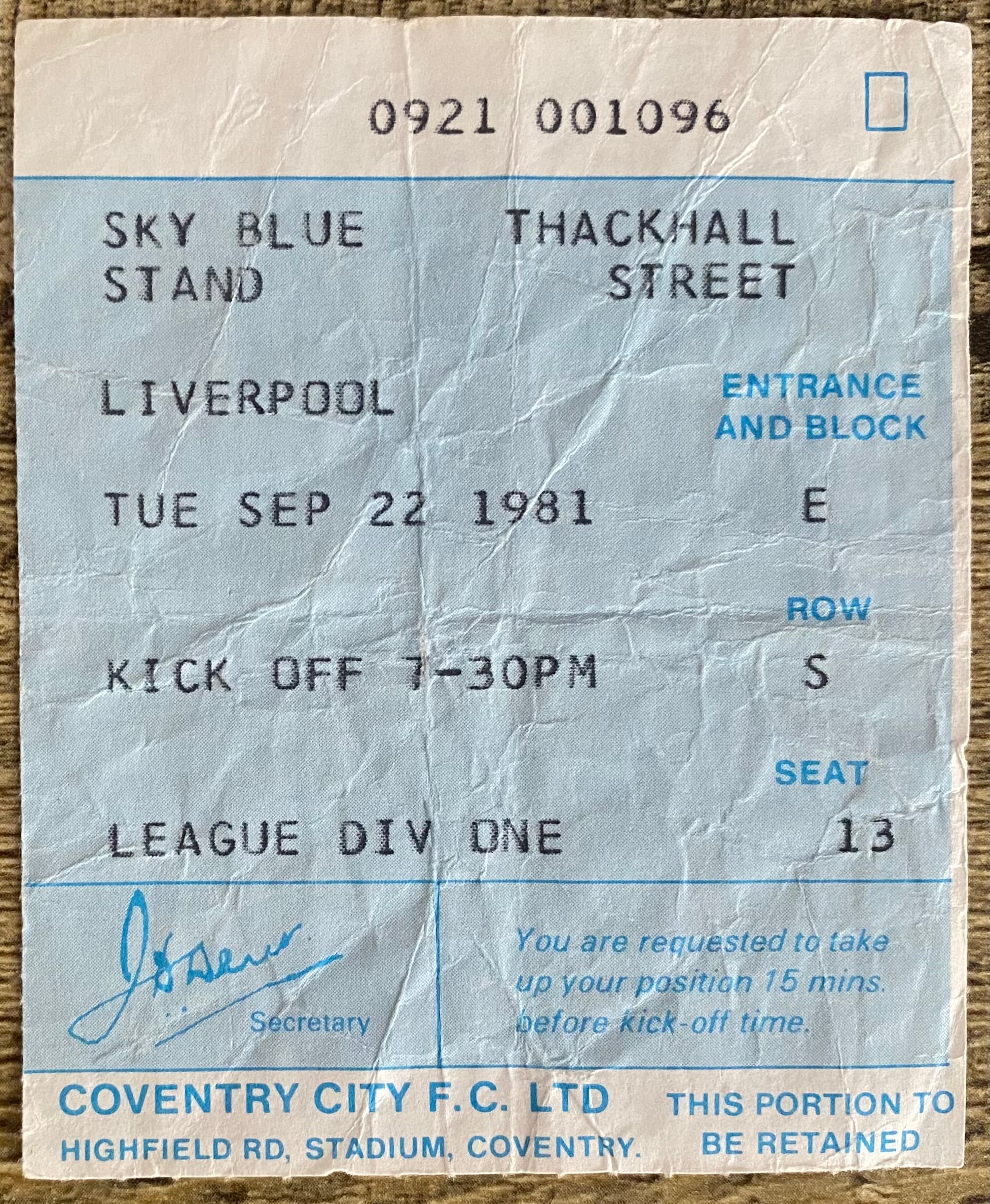 1981/82 ORIGINAL DIVISION ONE TICKET COVENTRY CITY V LIVERPOOL
