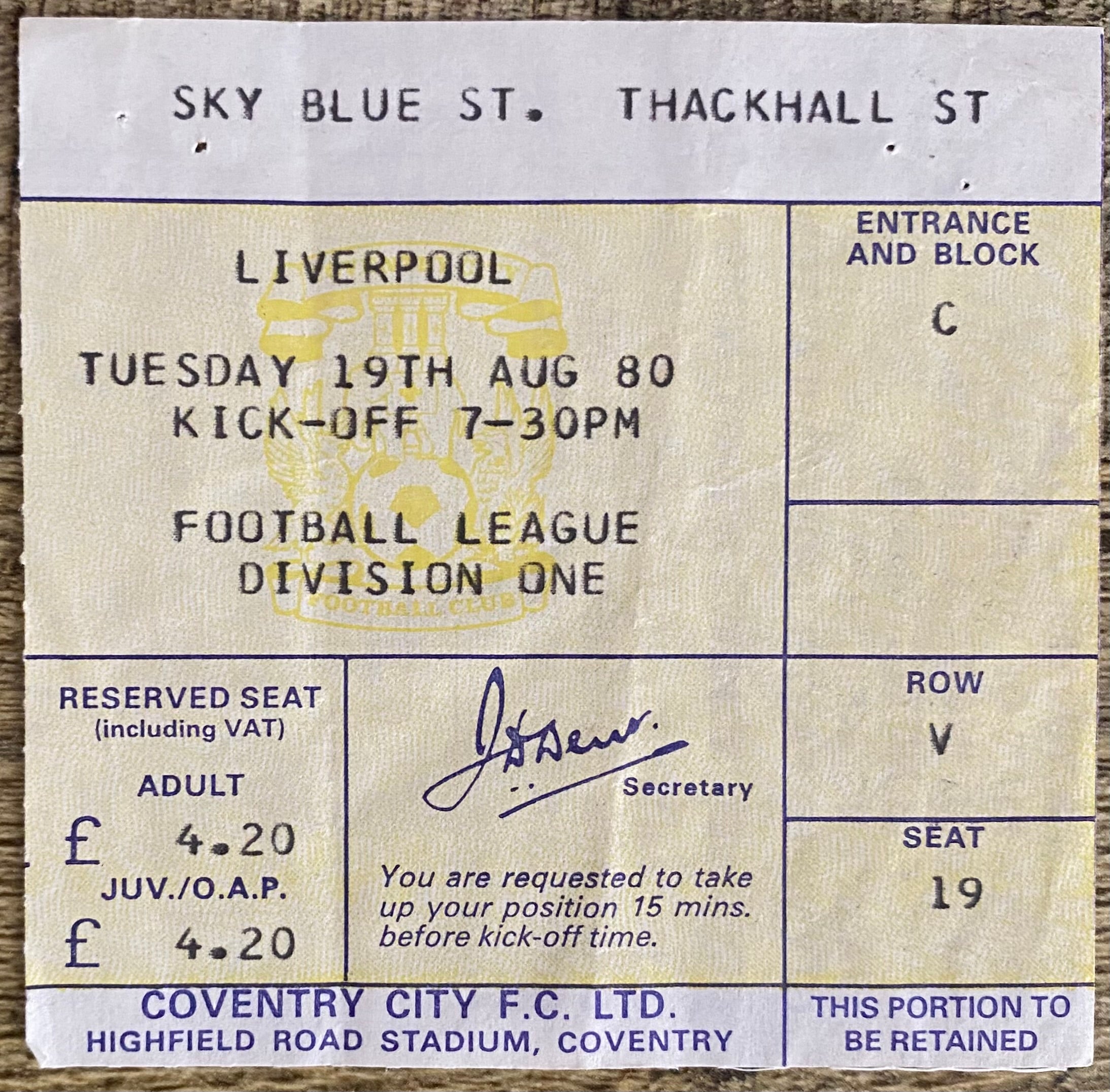 1980/81 ORIGINAL DIVISION ONE TICKET COVENTRY CITY V LIVERPOOL