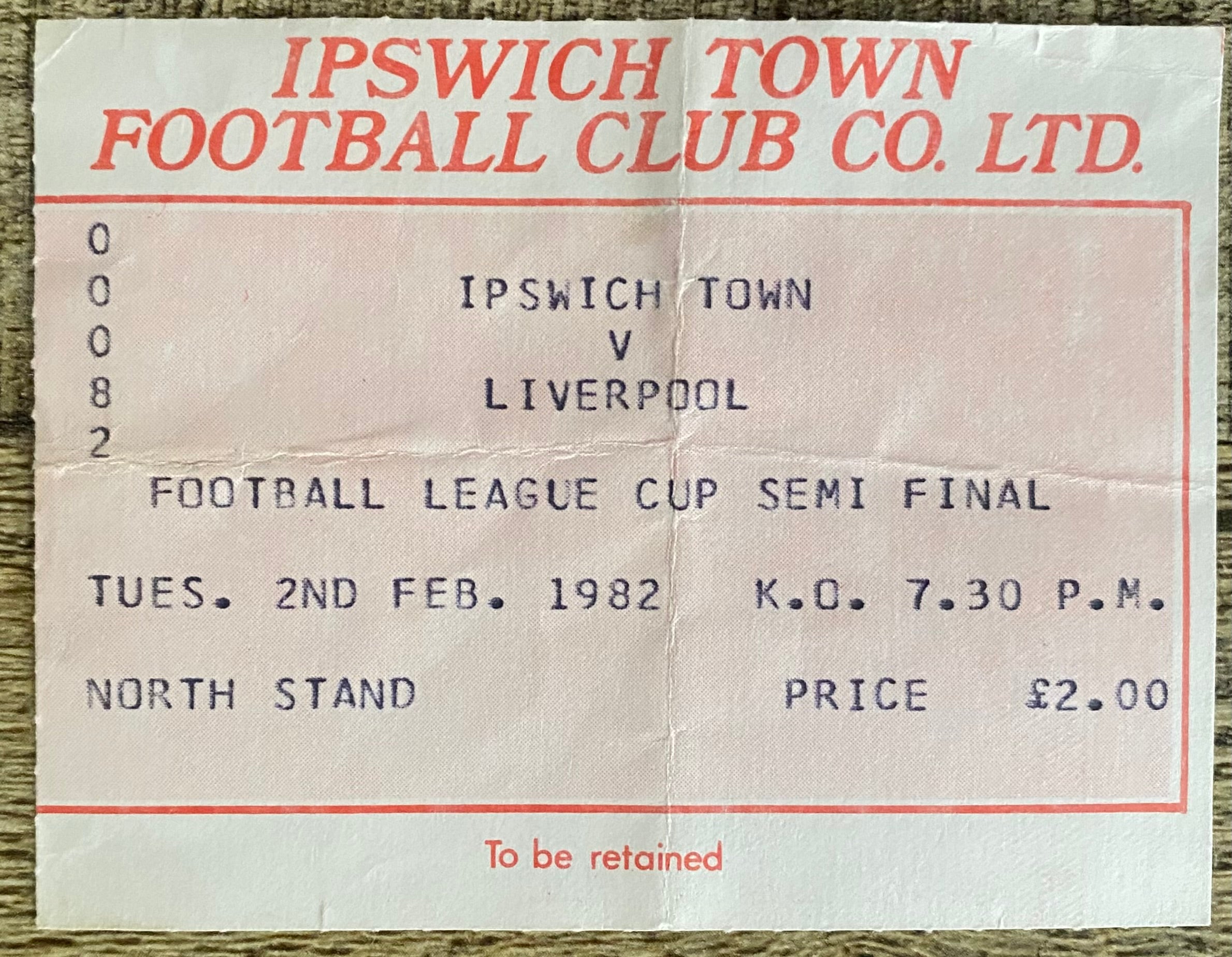 1981/82 ORIGINAL LEAGUE CUP SEMI FINAL 1ST LEG TICKET IPSWICH TOWN V LIVERPOOL