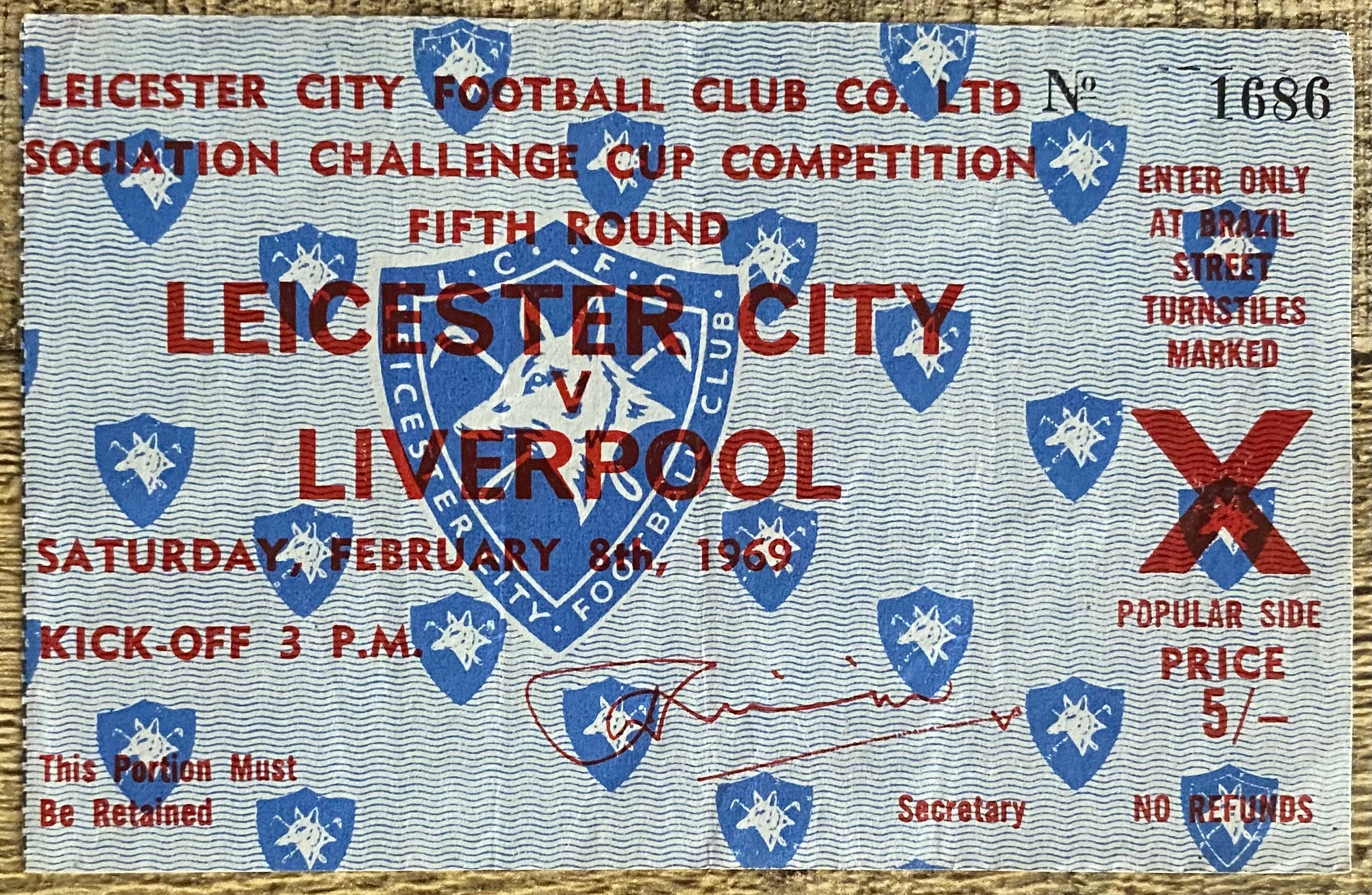 1968/69 ORIGINAL FA CUP 5TH ROUND TICKET LEICESTER CITY V LIVERPOOL