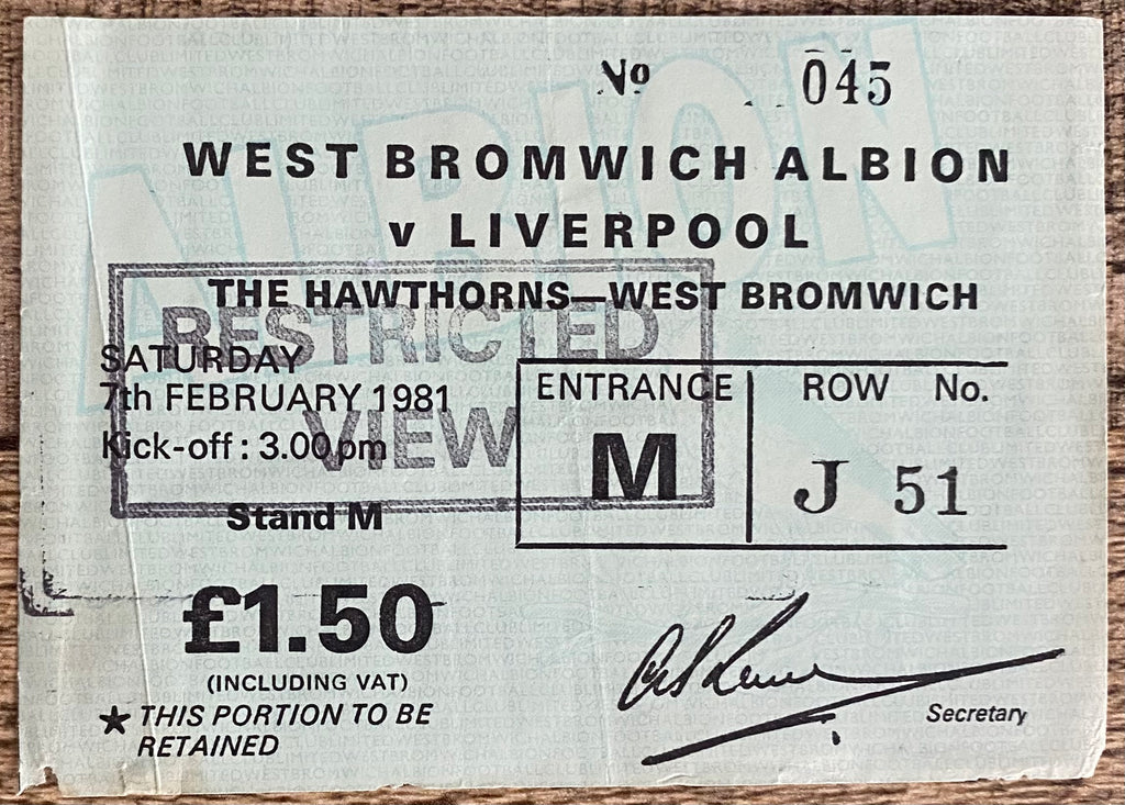 1980/81 ORIGINAL DIVISION ONE TICKET WEST BROMWICH ALBION V LIVERPOOL