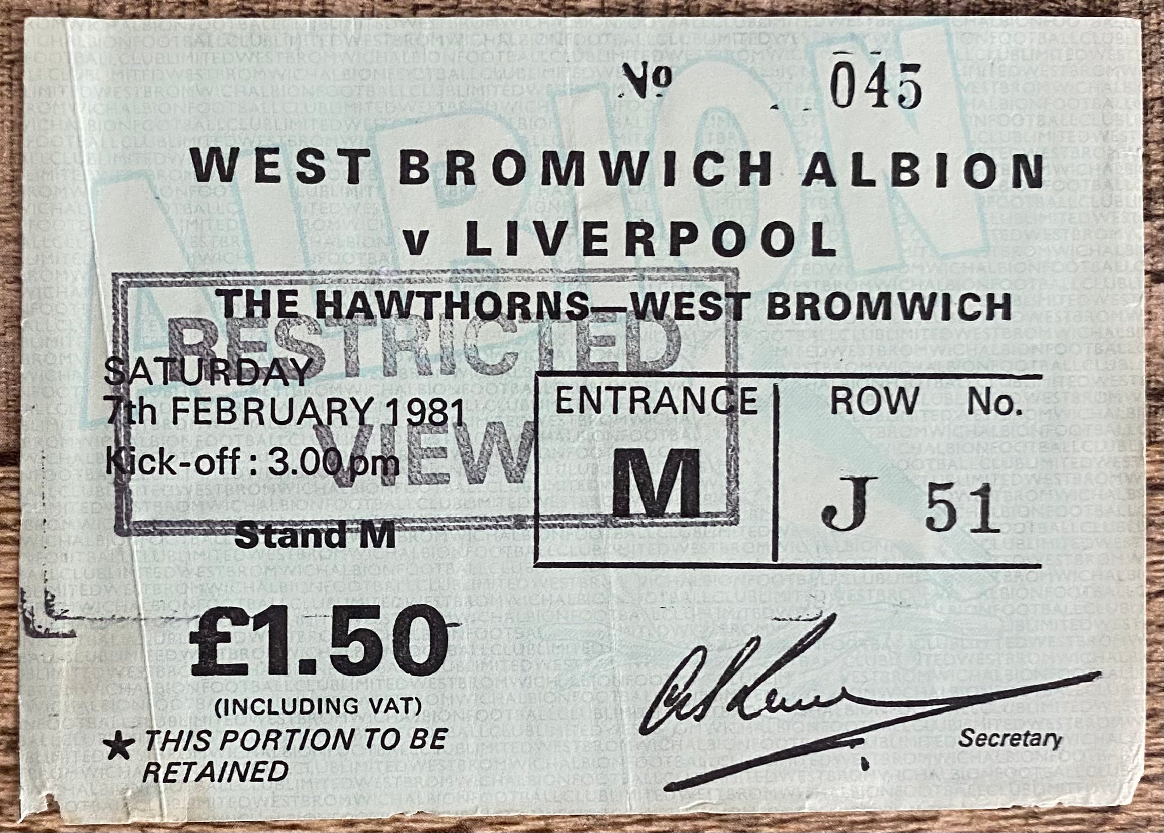 1980/81 ORIGINAL DIVISION ONE TICKET WEST BROMWICH ALBION V LIVERPOOL