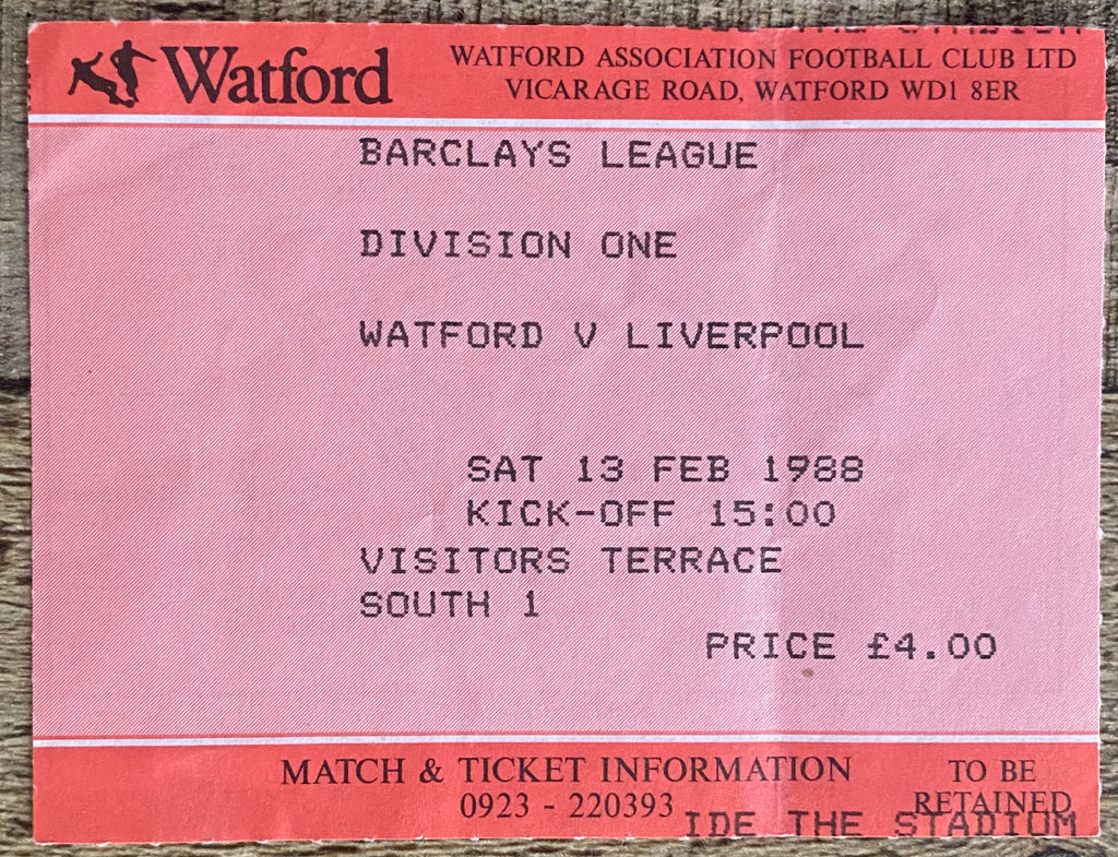 1987/88 ORIGINAL DIVISION ONE TICKET WATFORD V LIVERPOOL
