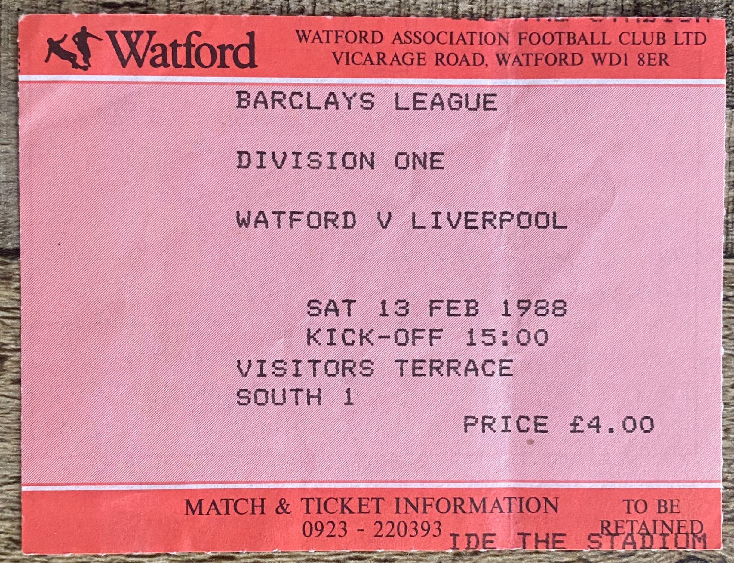 1987/88 ORIGINAL DIVISION ONE TICKET WATFORD V LIVERPOOL
