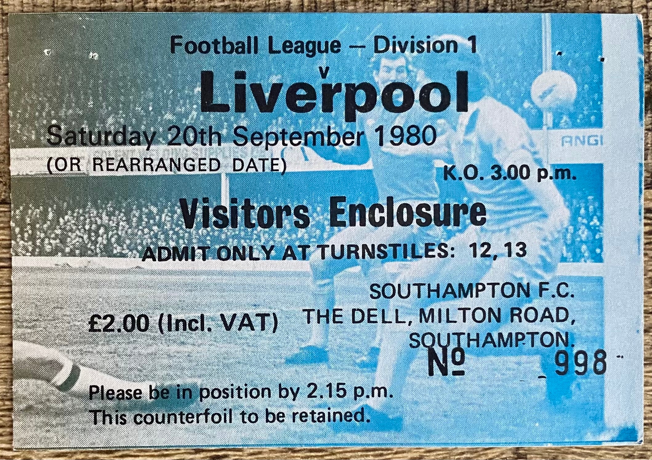 1980/81 ORIGINAL DIVISION ONE TICKET SOUTHAMPTON V LIVERPOOL