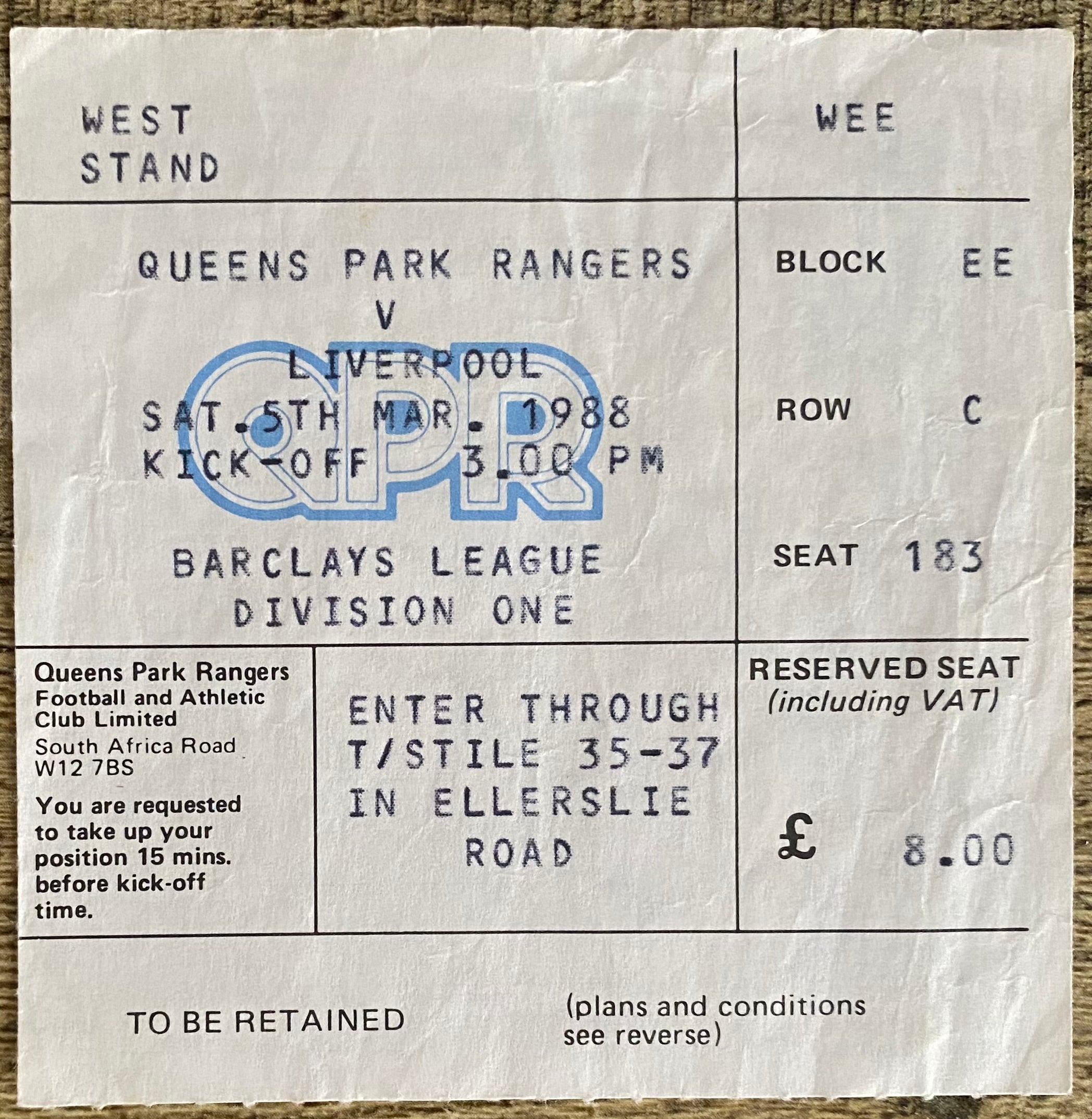 1987/88 ORIGINAL DIVISION ONE TICKET QUEENS PARK RANGERS V LIVERPOOL