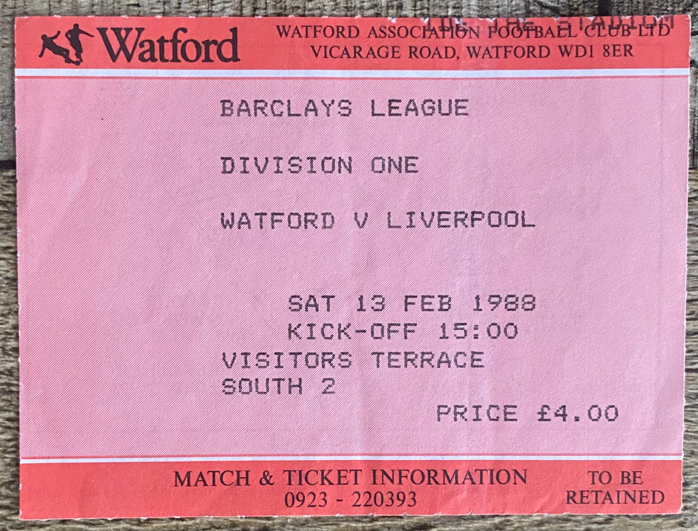 1987/88 ORIGINAL DIVISION ONE TICKET WATFORD V LIVERPOOL