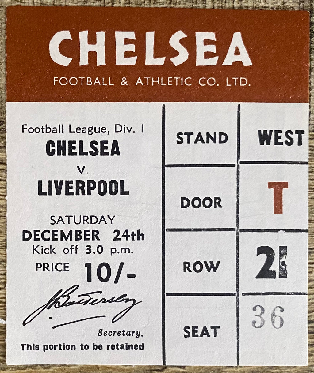 1966/67 ORIGINAL DIVISION ONE TICKET CHELSEA V LIVERPOOL