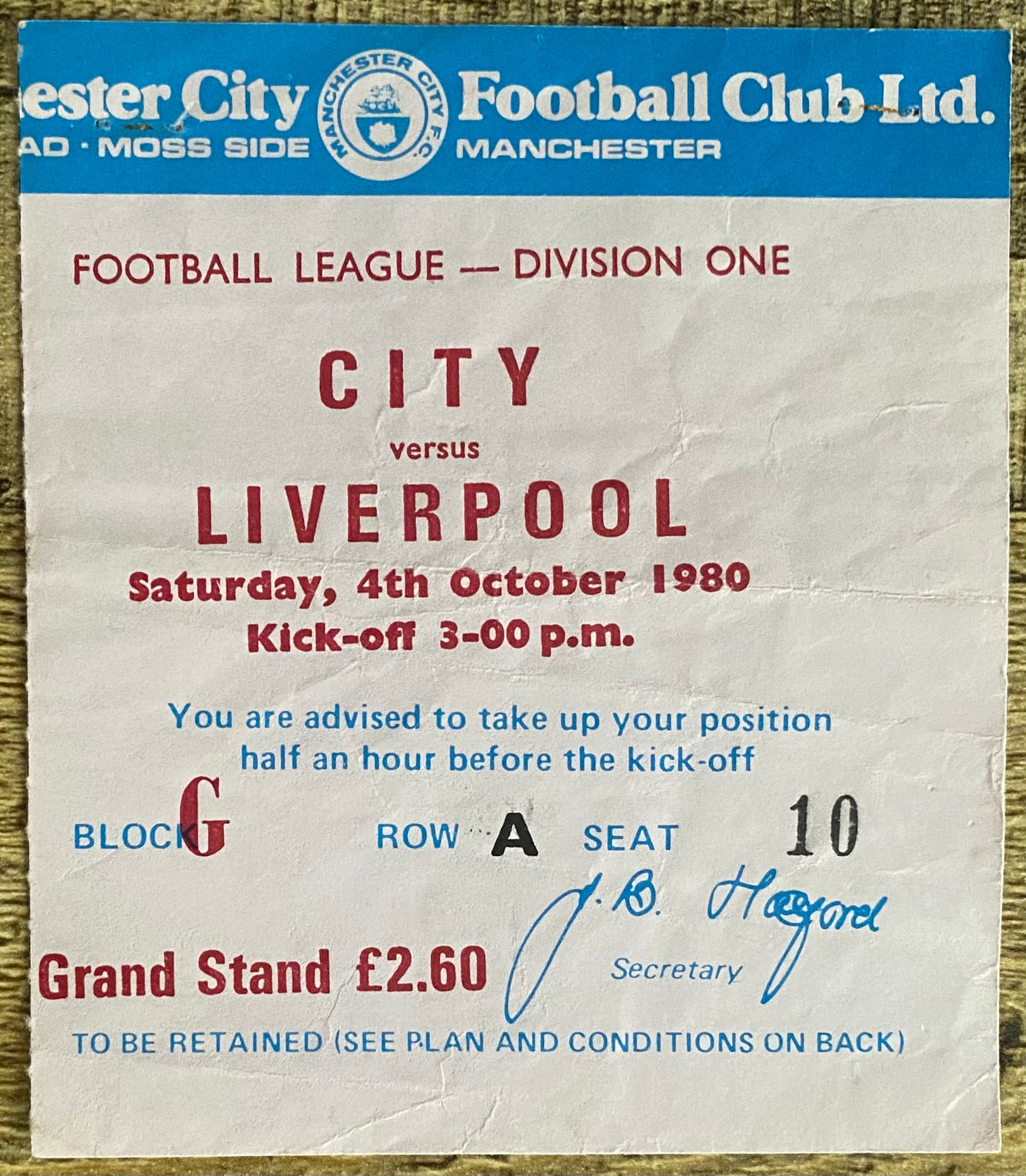 1980/81 ORIGINAL DIVISION ONE TICKET MANCHESTER CITY V LIVERPOOL