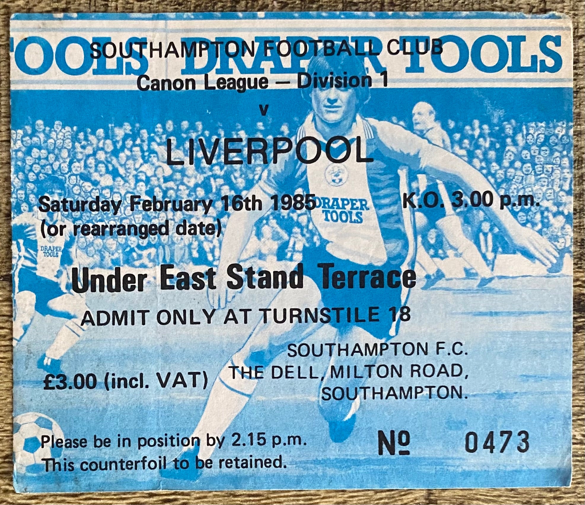 1985/86 ORIGINAL DIVISION ONE TICKET SOUTHAMPTON V LIVERPOOL