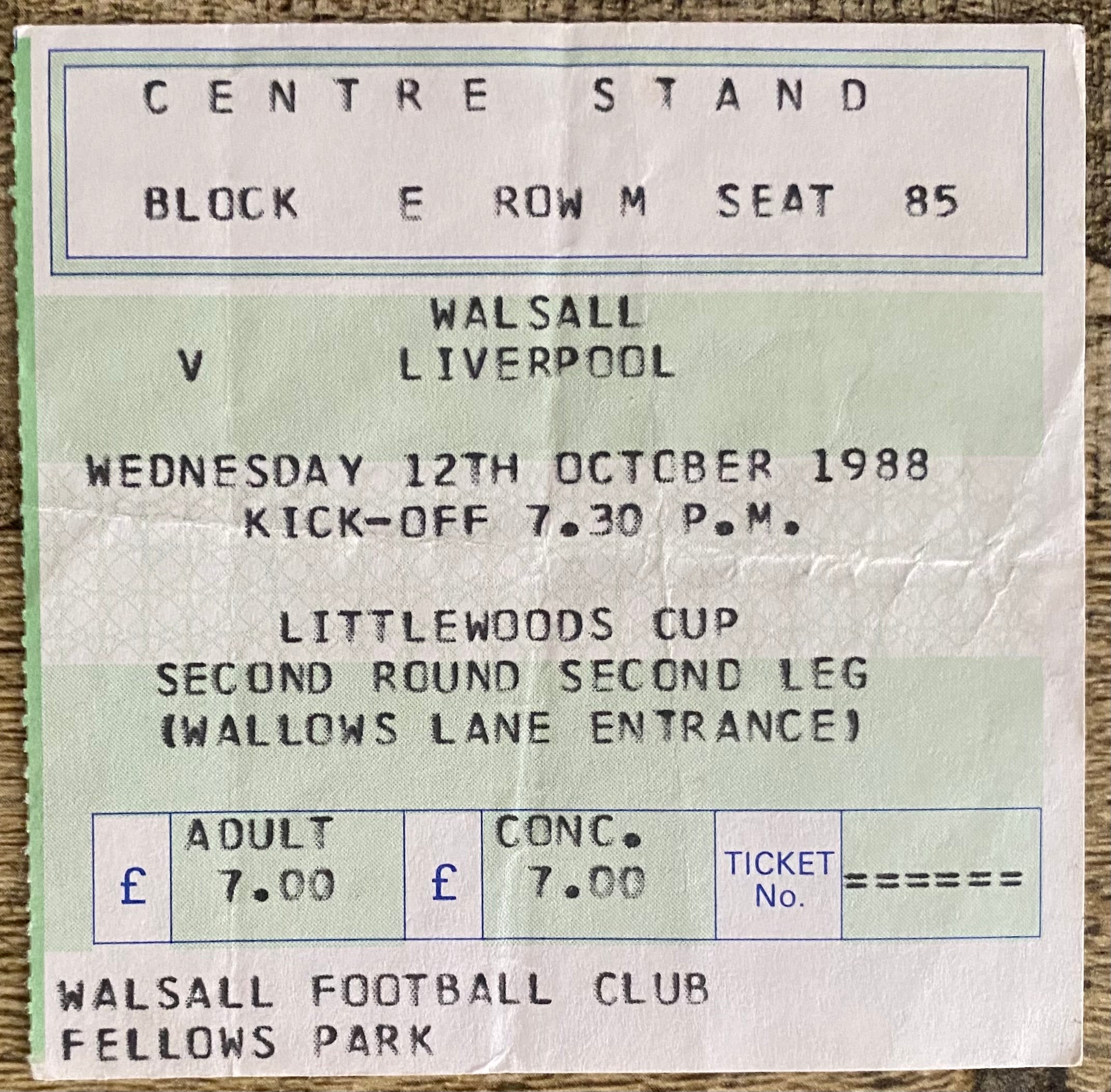 1988/89 ORIGINAL LITTLEWOODS CUP 2ND ROUND 2ND LEG TICKET WALSALL V LIVERPOOL