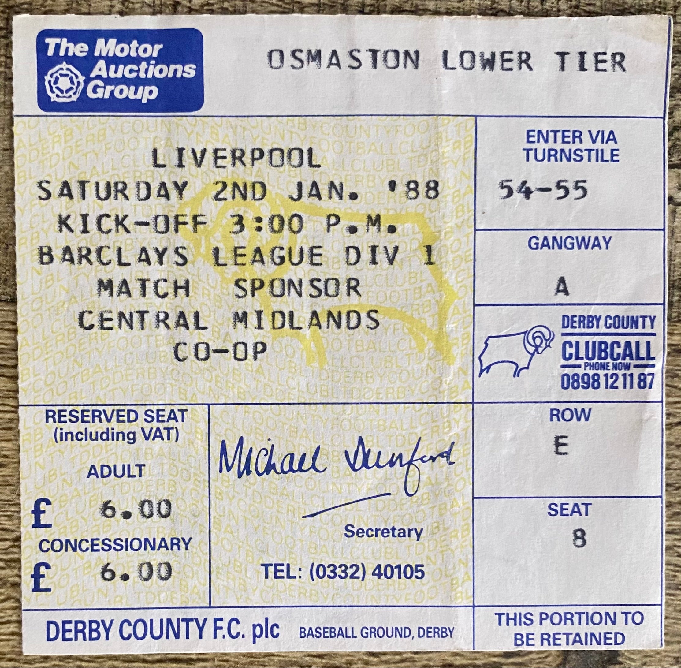 1987/88 ORIGINAL DIVISION ONE TICKET DERBY COUNTY V LIVERPOOL