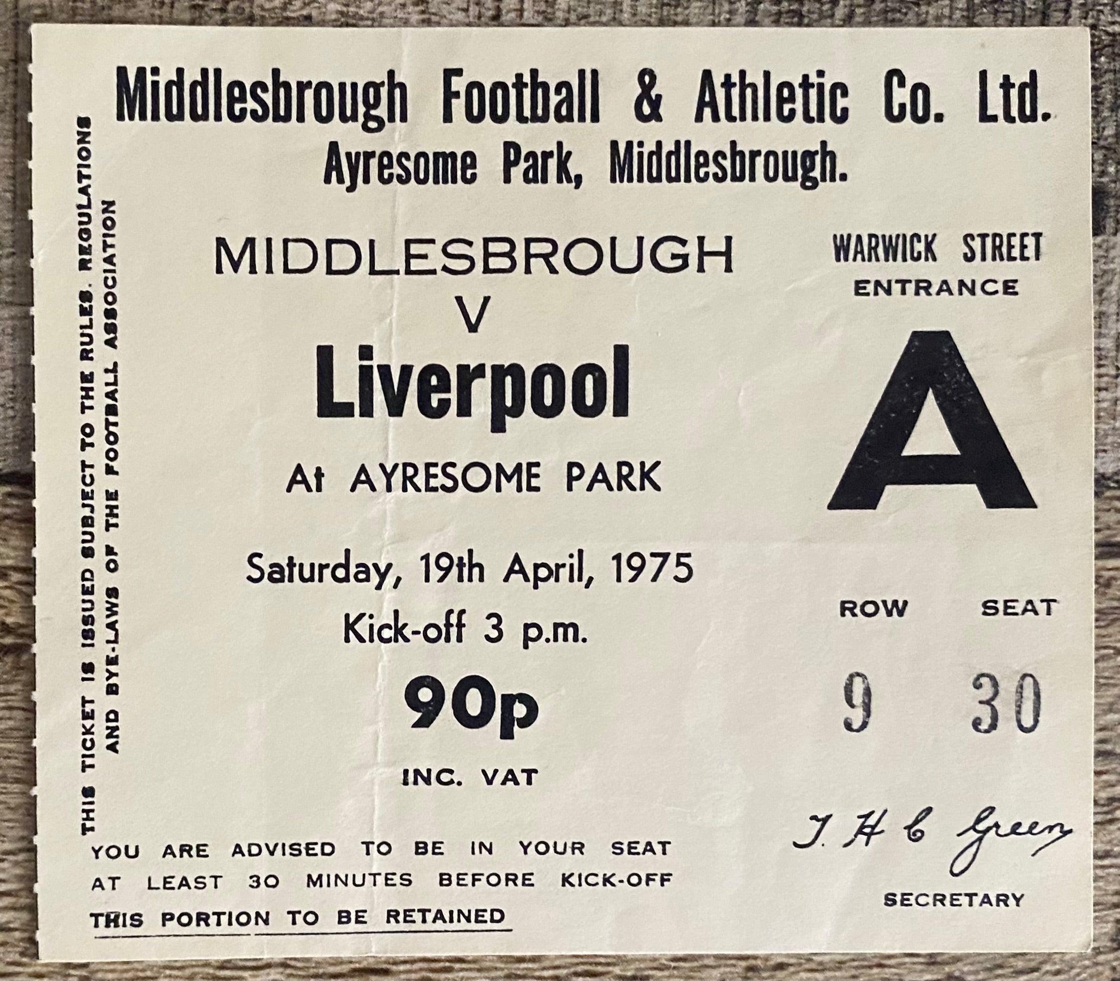 1974/75 ORIGINAL DIVISION ONE TICKET MIDDLESBROUGH V LIVERPOOL