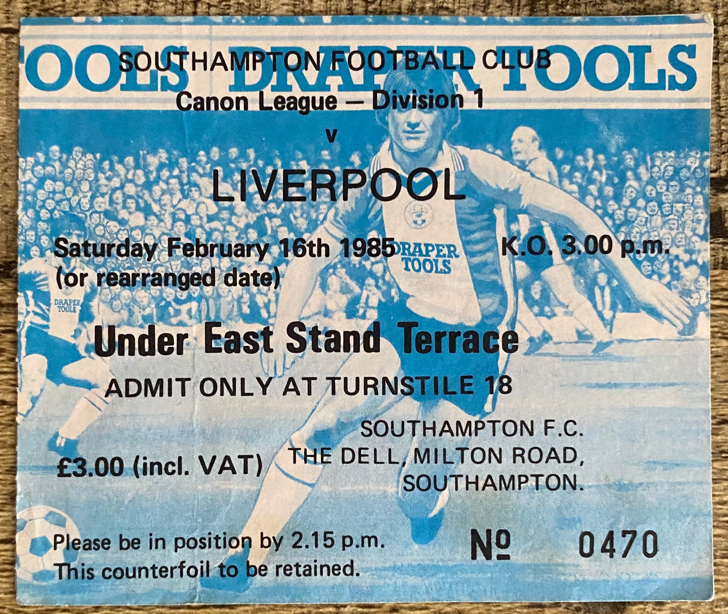 1985/86 ORIGINAL DIVISION ONE TICKET SOUTHAMPTON V LIVERPOOL