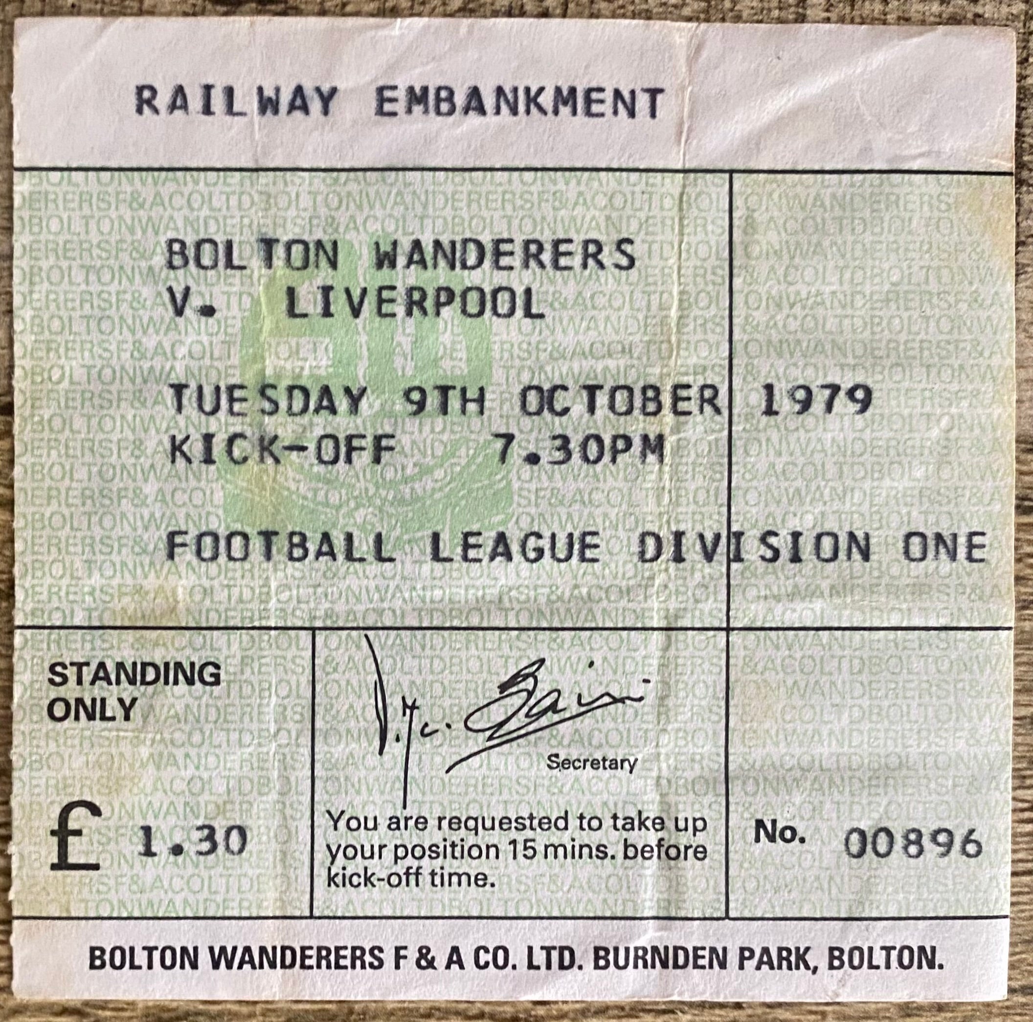 1979/80 ORIGINAL DIVISION ONE TICKET BOLTON WANDERERS V LIVERPOOL