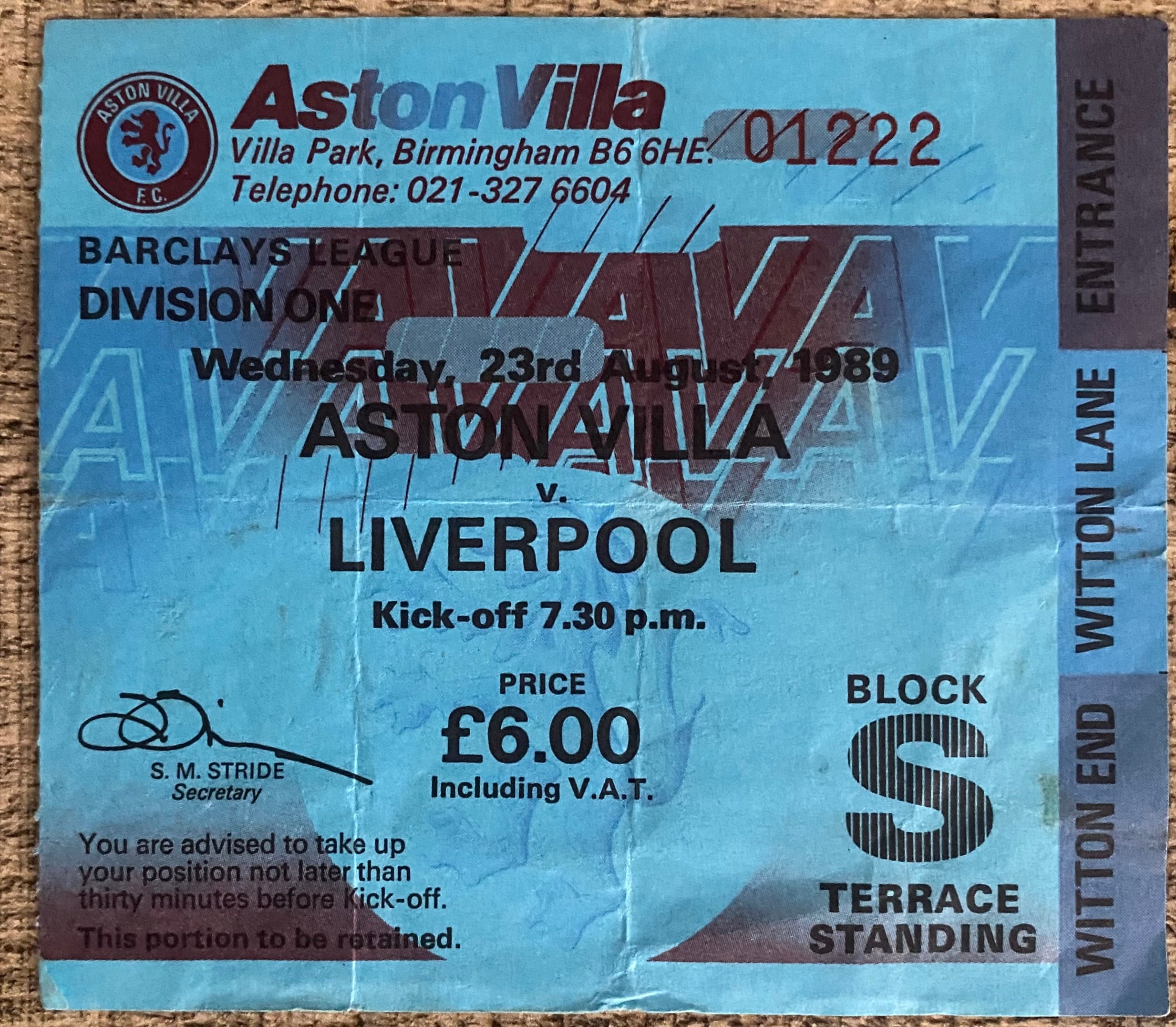 1989/90 ORIGINAL DIVISION ONE TICKET ASTON VILLA V LIVERPOOL