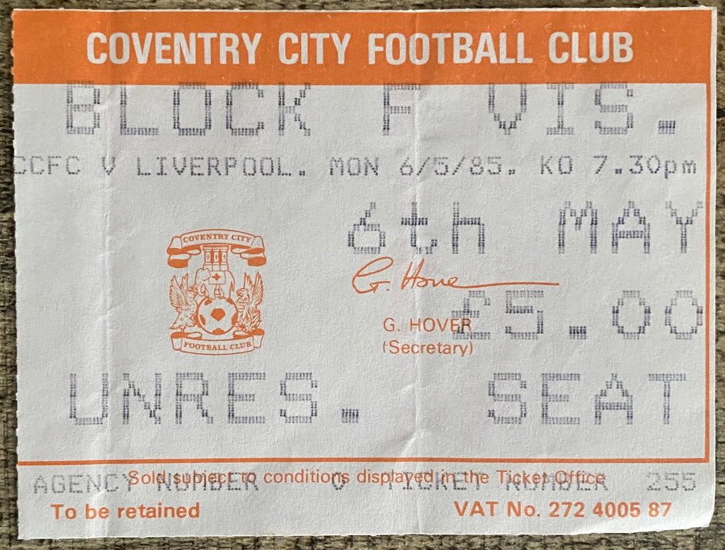 1984/85 ORIGINAL DIVISION ONE TICKET COVENTRY CITY V LIVERPOOL