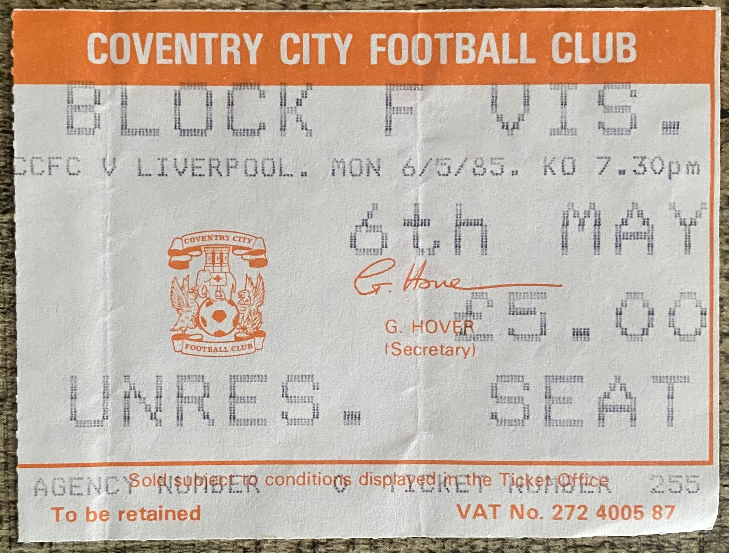1984/85 ORIGINAL DIVISION ONE TICKET COVENTRY CITY V LIVERPOOL