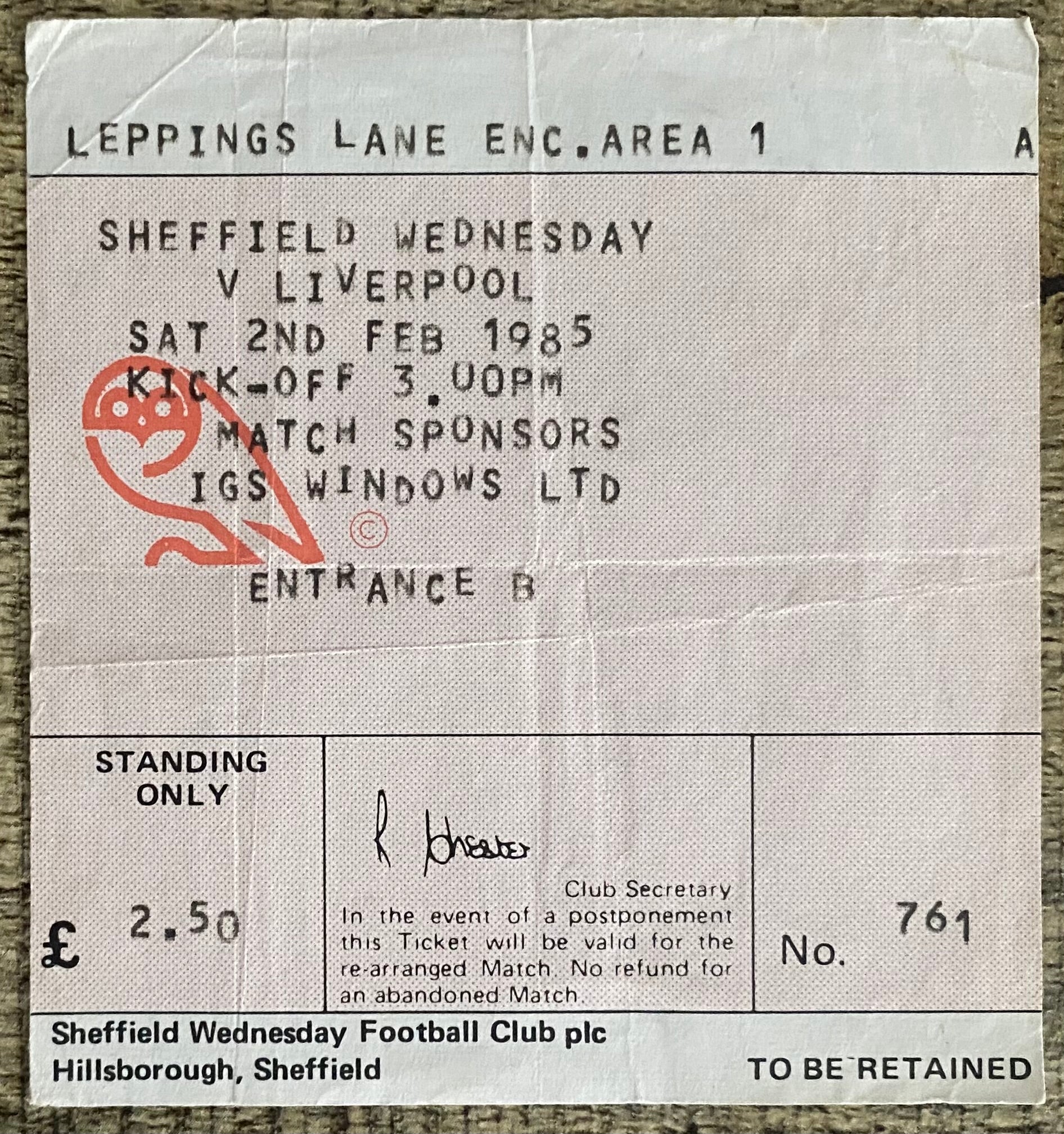 1984/85 ORIGINAL DIVISION ONE TICKET SHEFFIELD WEDNESDAY V LIVERPOOL