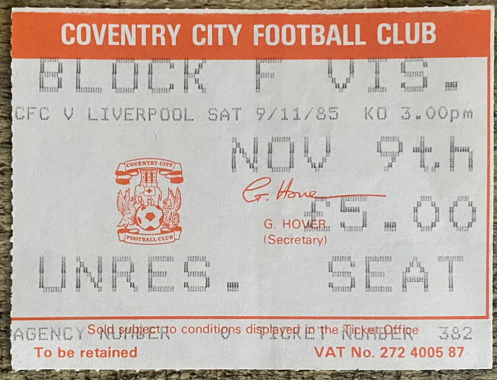 1985/86 ORIGINAL DIVISION ONE TICKET COVENTRY CITY V LIVERPOOL